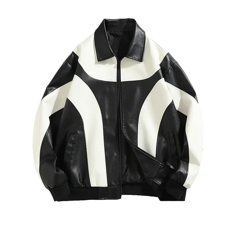 Solid Contrast Faux Leather Loose Jacket