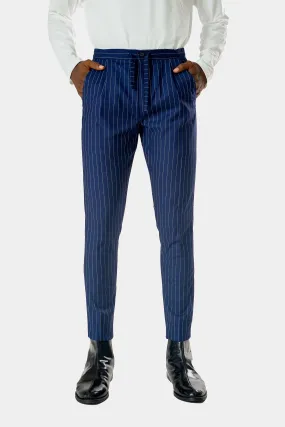 Standard Length Long Sleeve Wool Pants in Blue Pinstripe