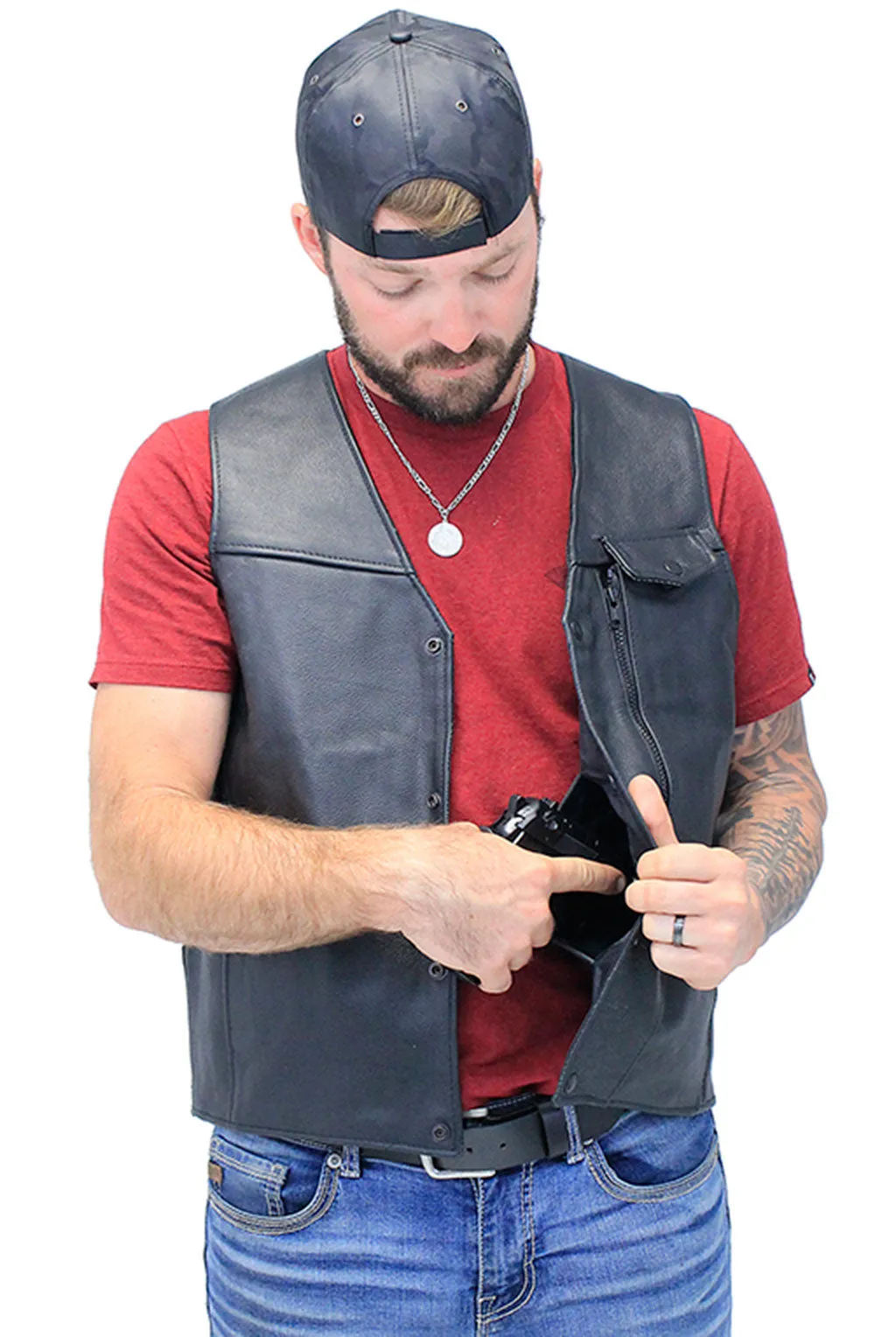 Straight Bottom Leather Vest with Side Zip Compartment #VM150GZPK ()