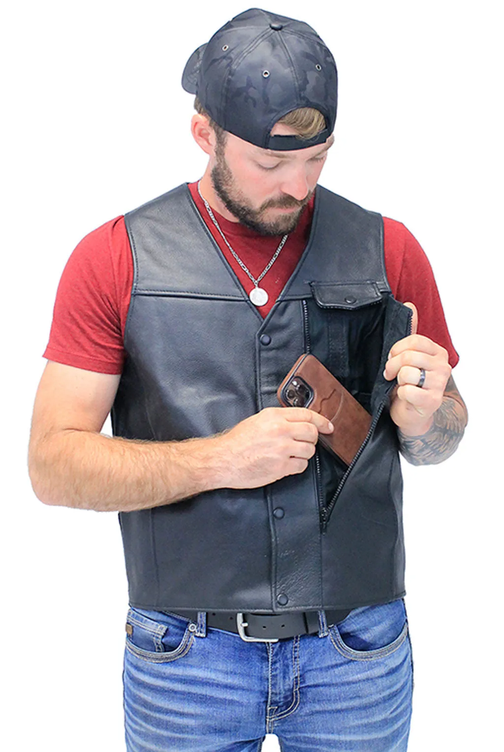 Straight Bottom Leather Vest with Side Zip Compartment #VM150GZPK ()