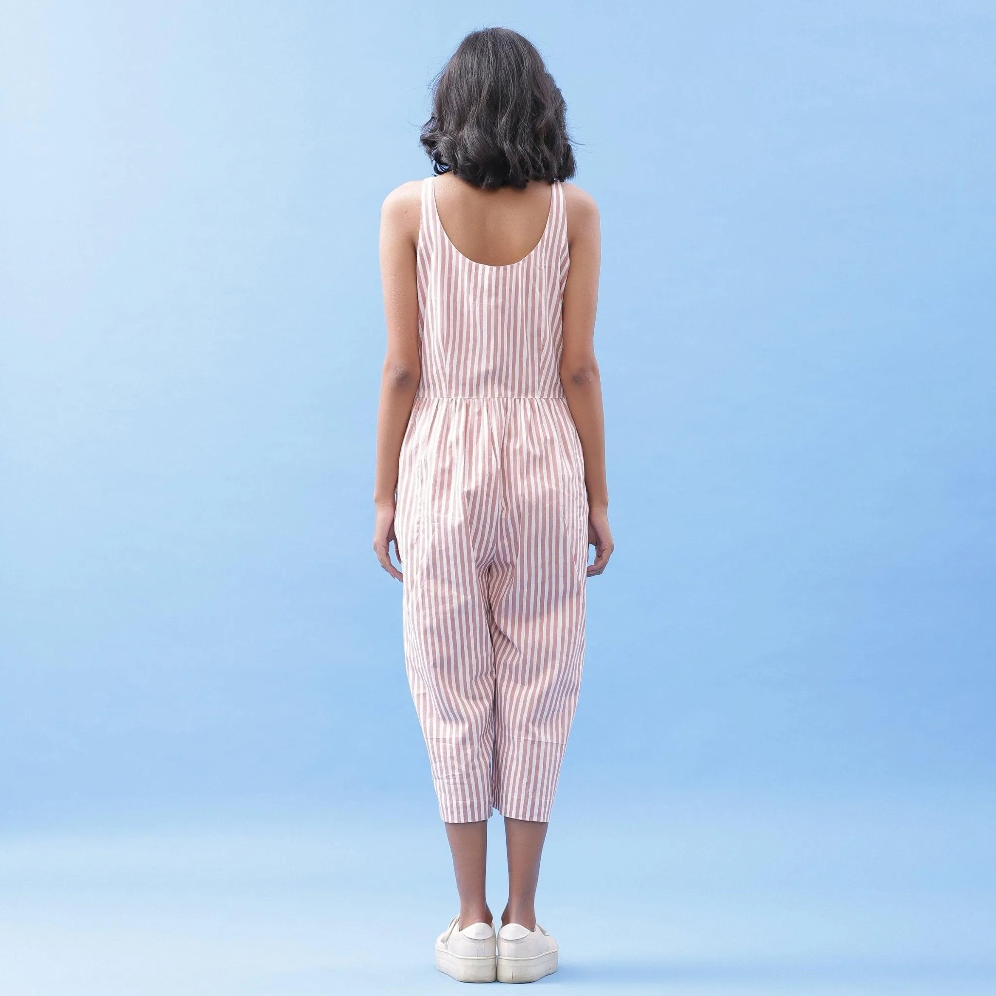 Striped Pink Cotton Button-Down Culottes Jumpsuit