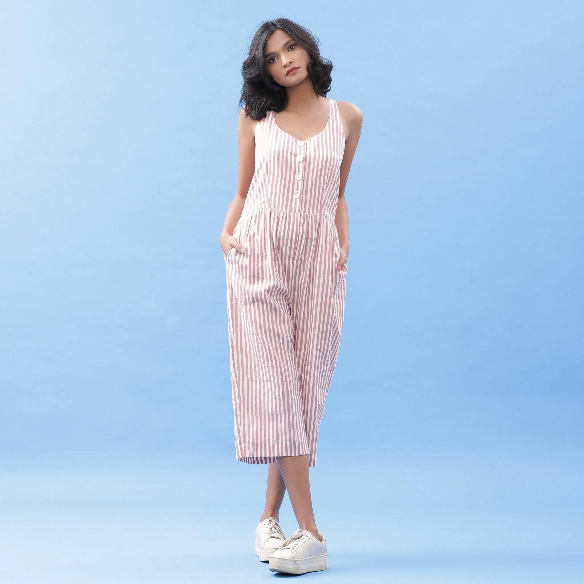 Striped Pink Cotton Button-Down Culottes Jumpsuit