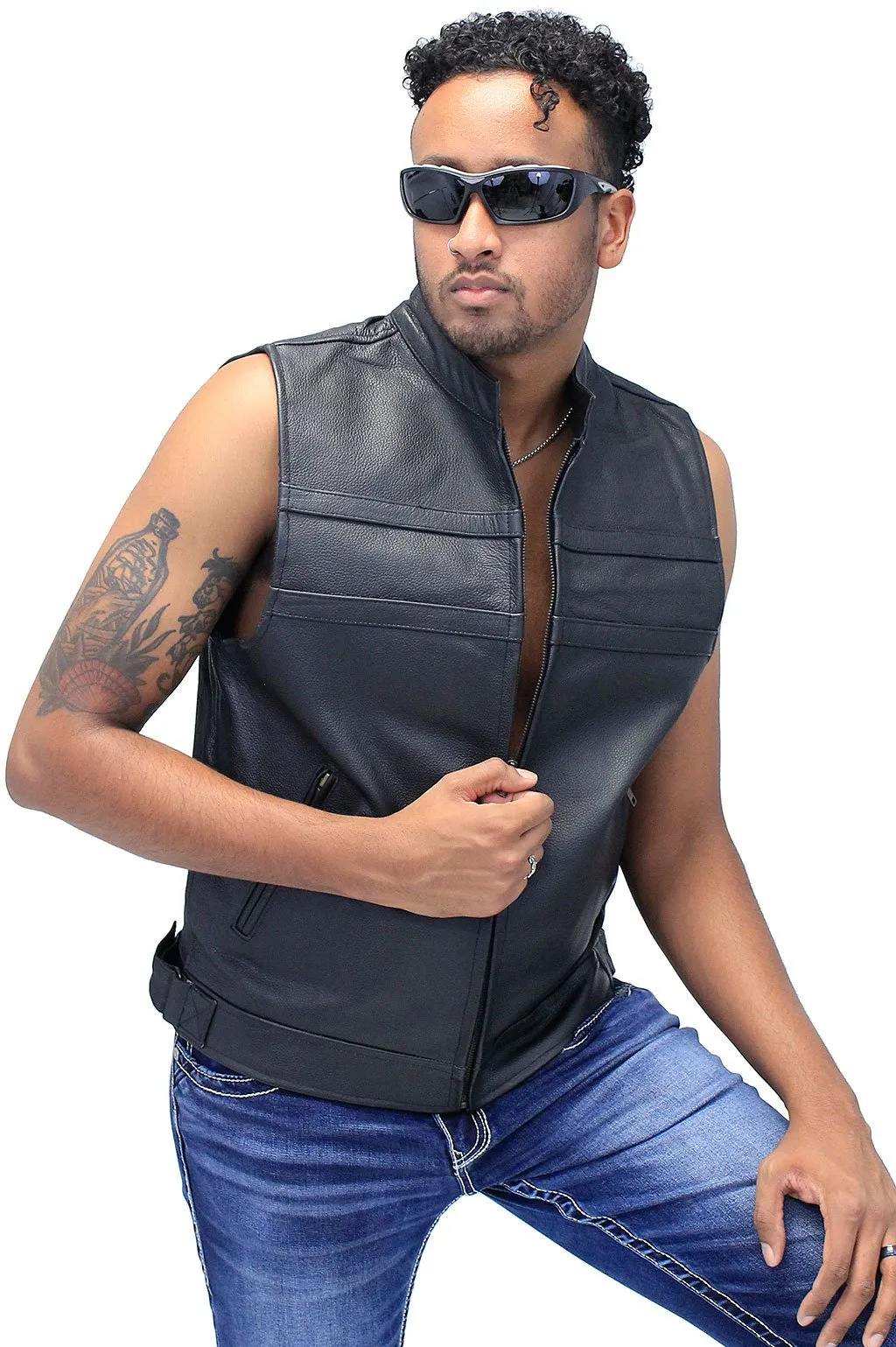 Striped Zip Front Men's Leather Vest #VM1366Z ()