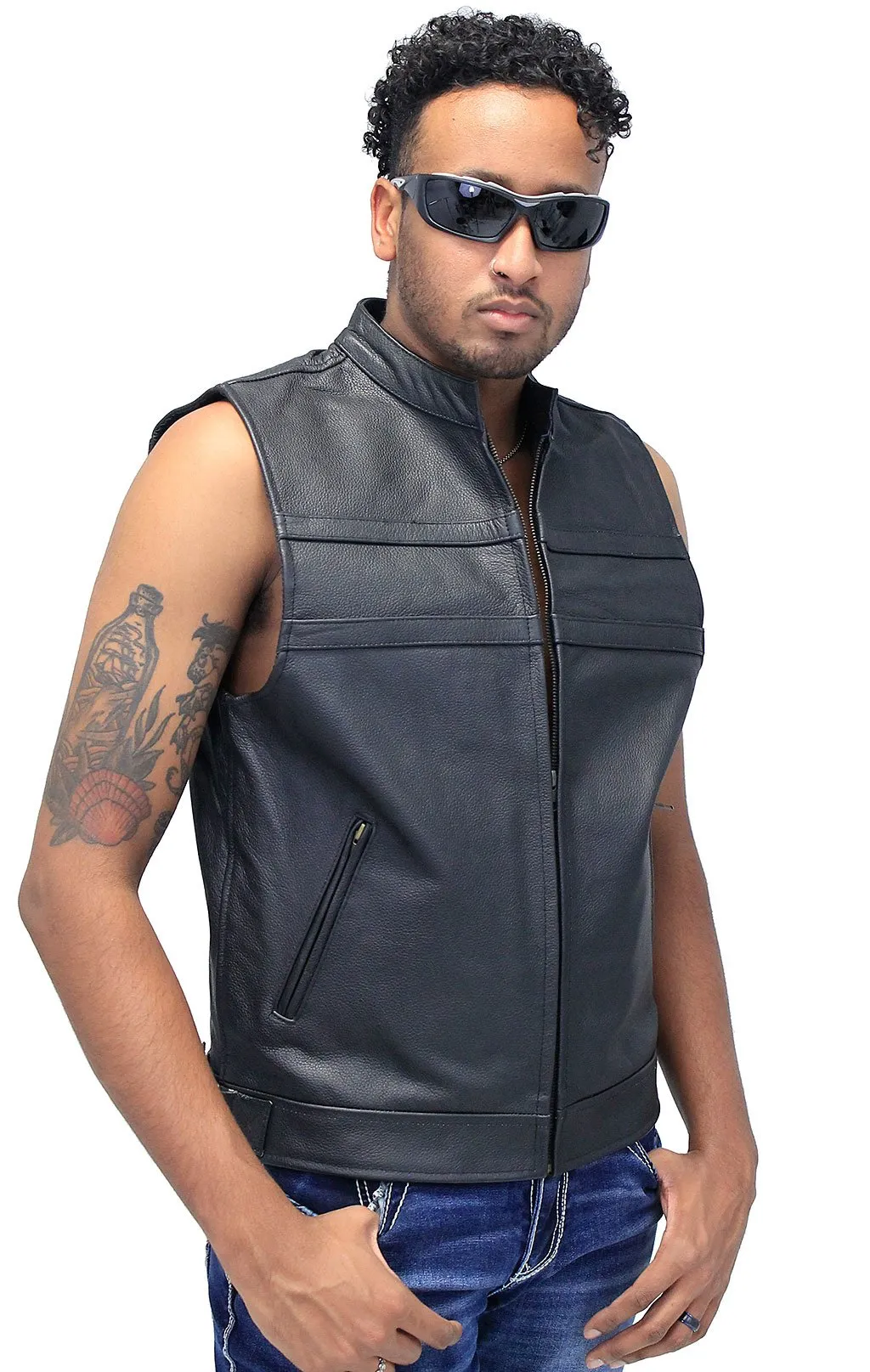 Striped Zip Front Men's Leather Vest #VM1366Z ()