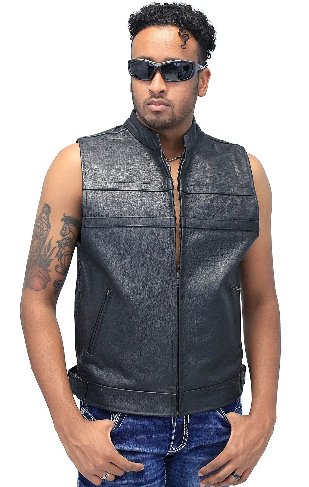 Striped Zip Front Men's Leather Vest #VM1366Z ()