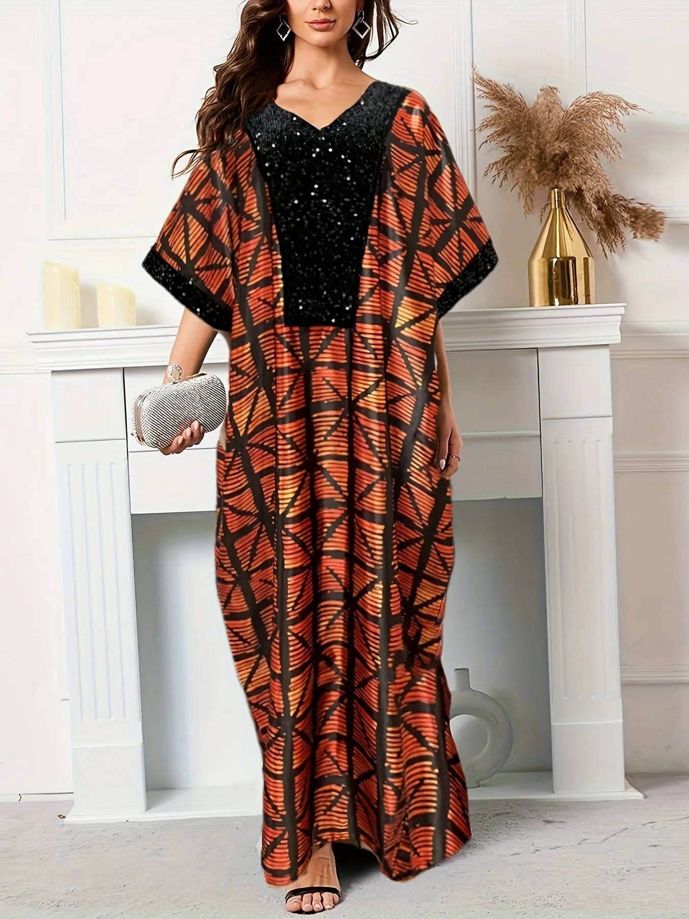 Stunning All-Over Print Maxi Dress - Contrast Sequined, Elegant Batwing Short Sleeve, Loose Fit, Polyester, Woven, Random Printing, Middle East Style, No Elasticity, No Sheer - Womens Modest Clothing for All Seasons