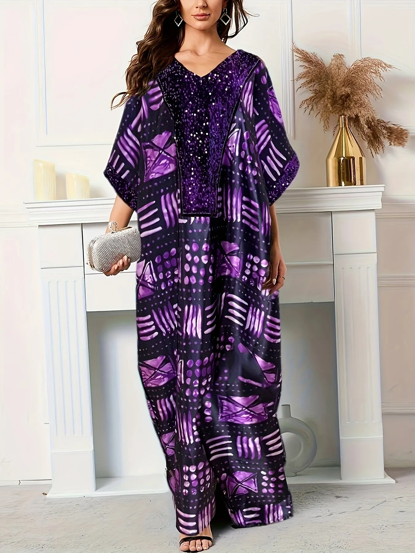 Stunning All-Over Print Maxi Dress - Contrast Sequined, Elegant Batwing Short Sleeve, Loose Fit, Polyester, Woven, Random Printing, Middle East Style, No Elasticity, No Sheer - Womens Modest Clothing for All Seasons