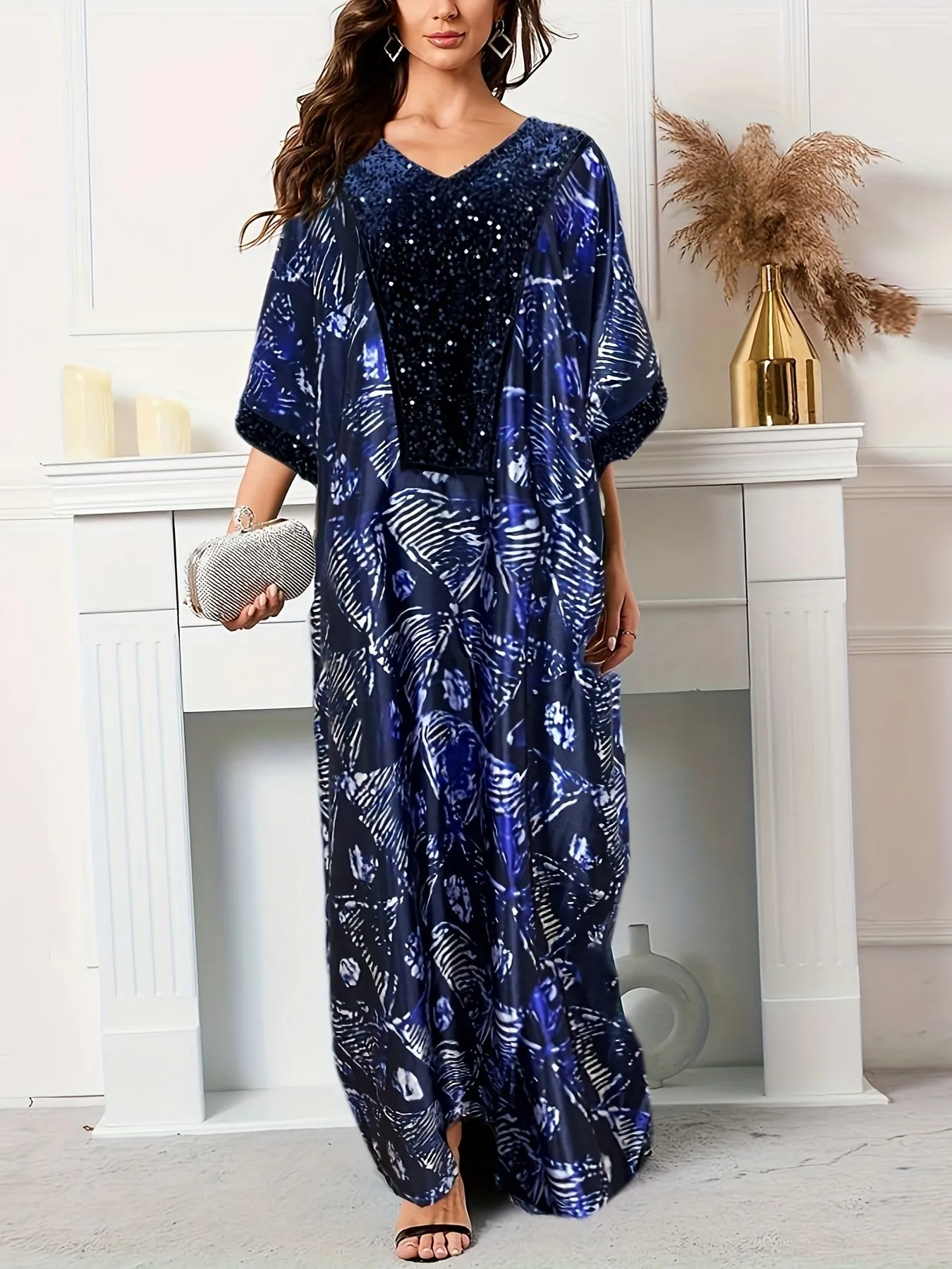 Stunning All-Over Print Maxi Dress - Contrast Sequined, Elegant Batwing Short Sleeve, Loose Fit, Polyester, Woven, Random Printing, Middle East Style, No Elasticity, No Sheer - Womens Modest Clothing for All Seasons