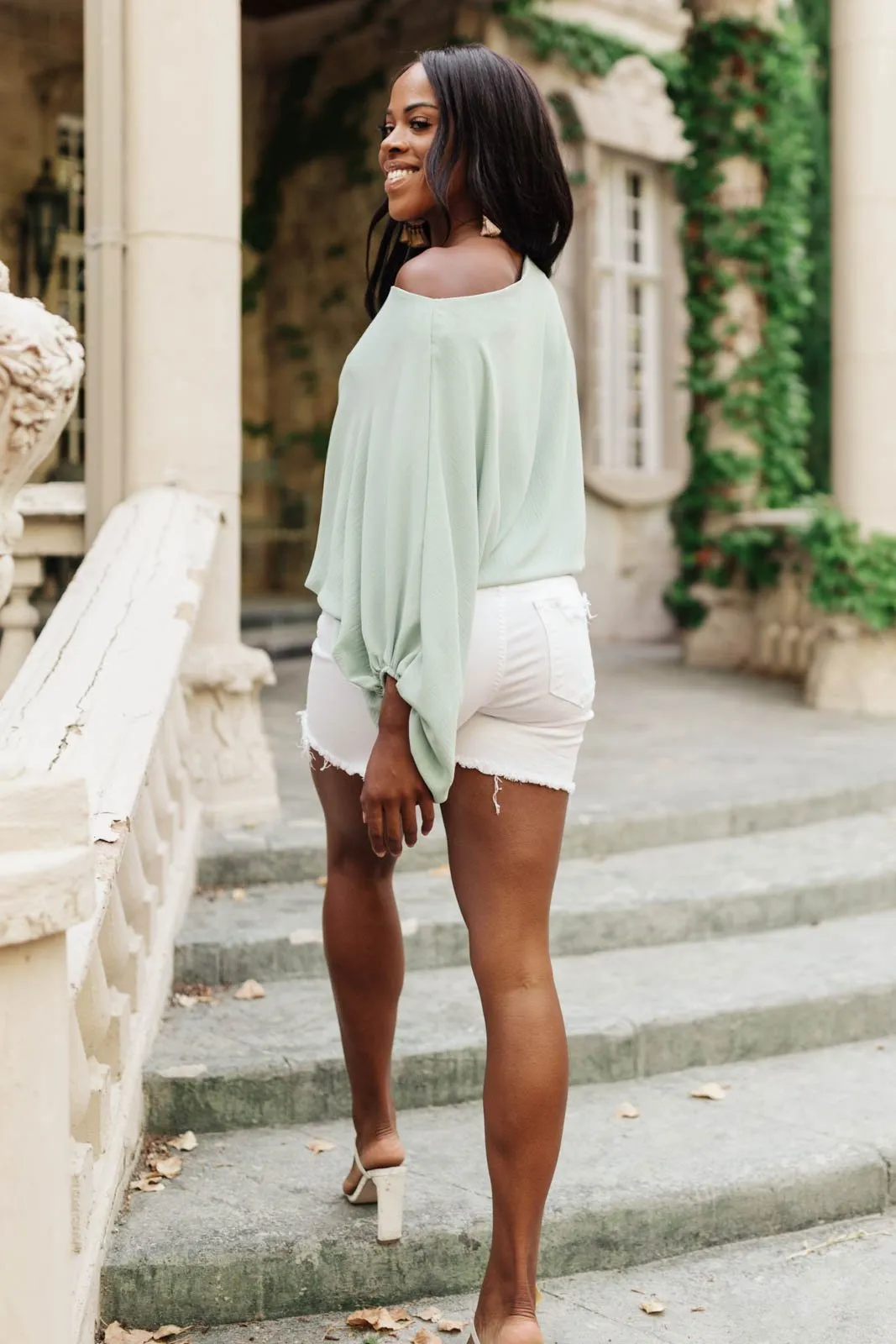 Summer Off My Shoulder, Off My Mind Blouse in Sage