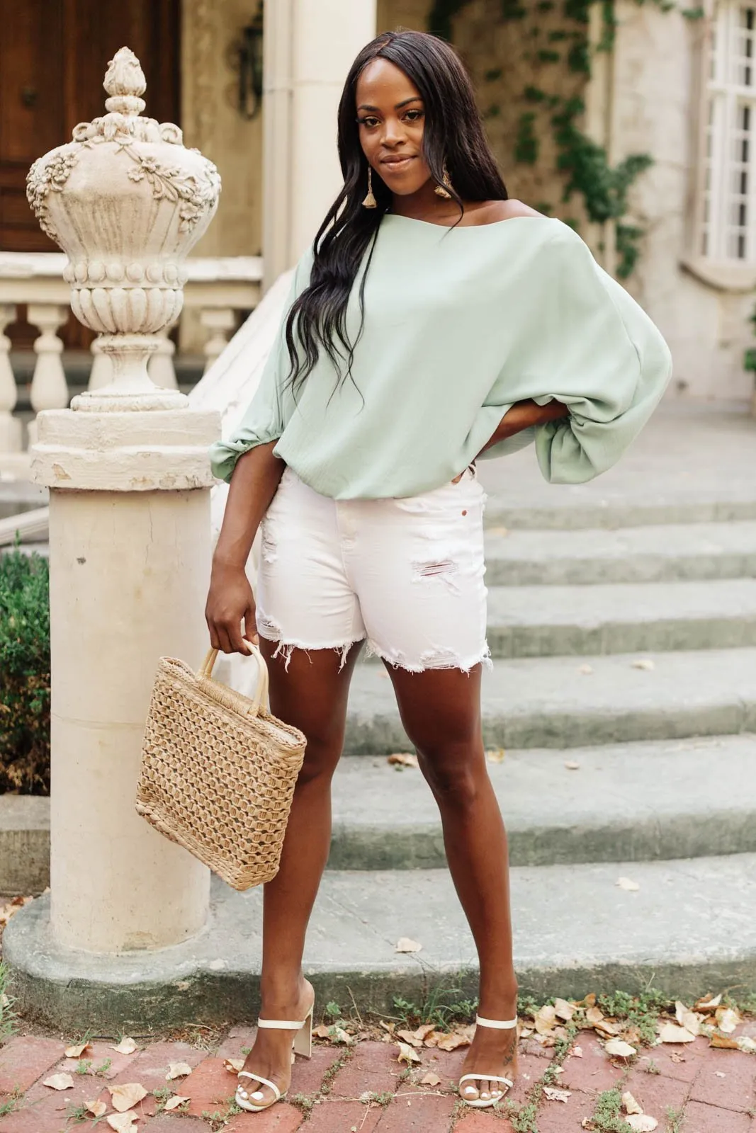 Summer Off My Shoulder, Off My Mind Blouse in Sage