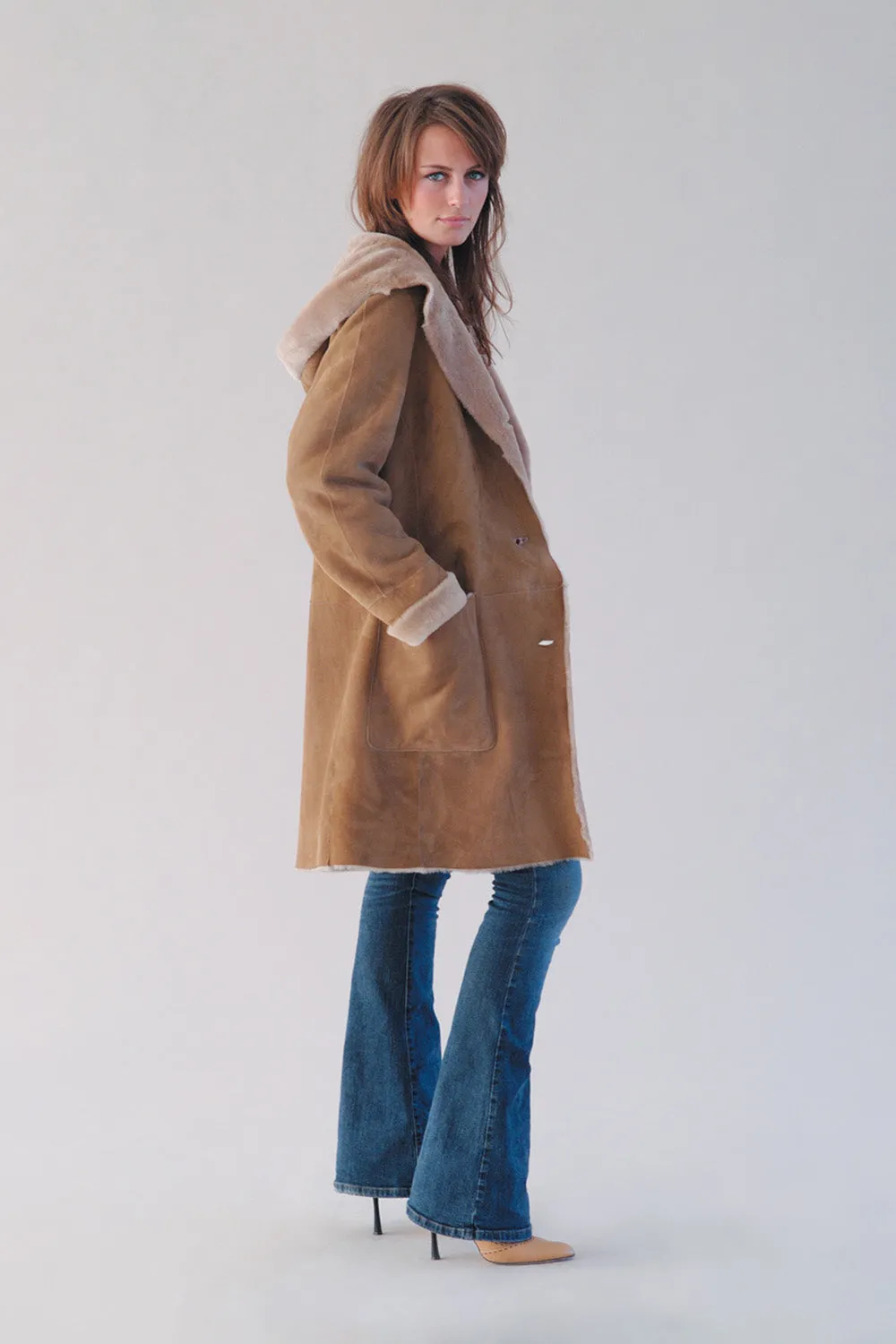 Taupe Hooded Merino Shearling Car Coat