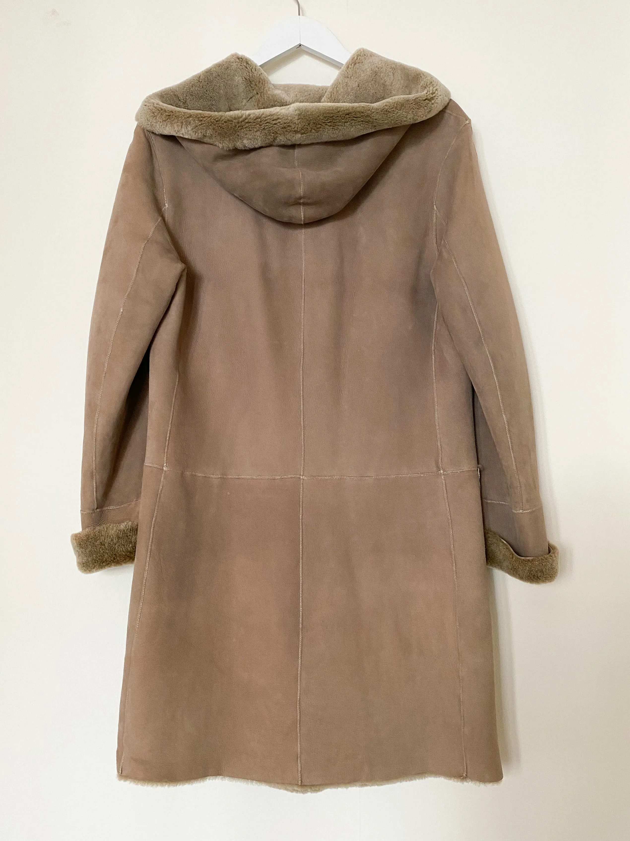 Taupe Hooded Merino Shearling Car Coat