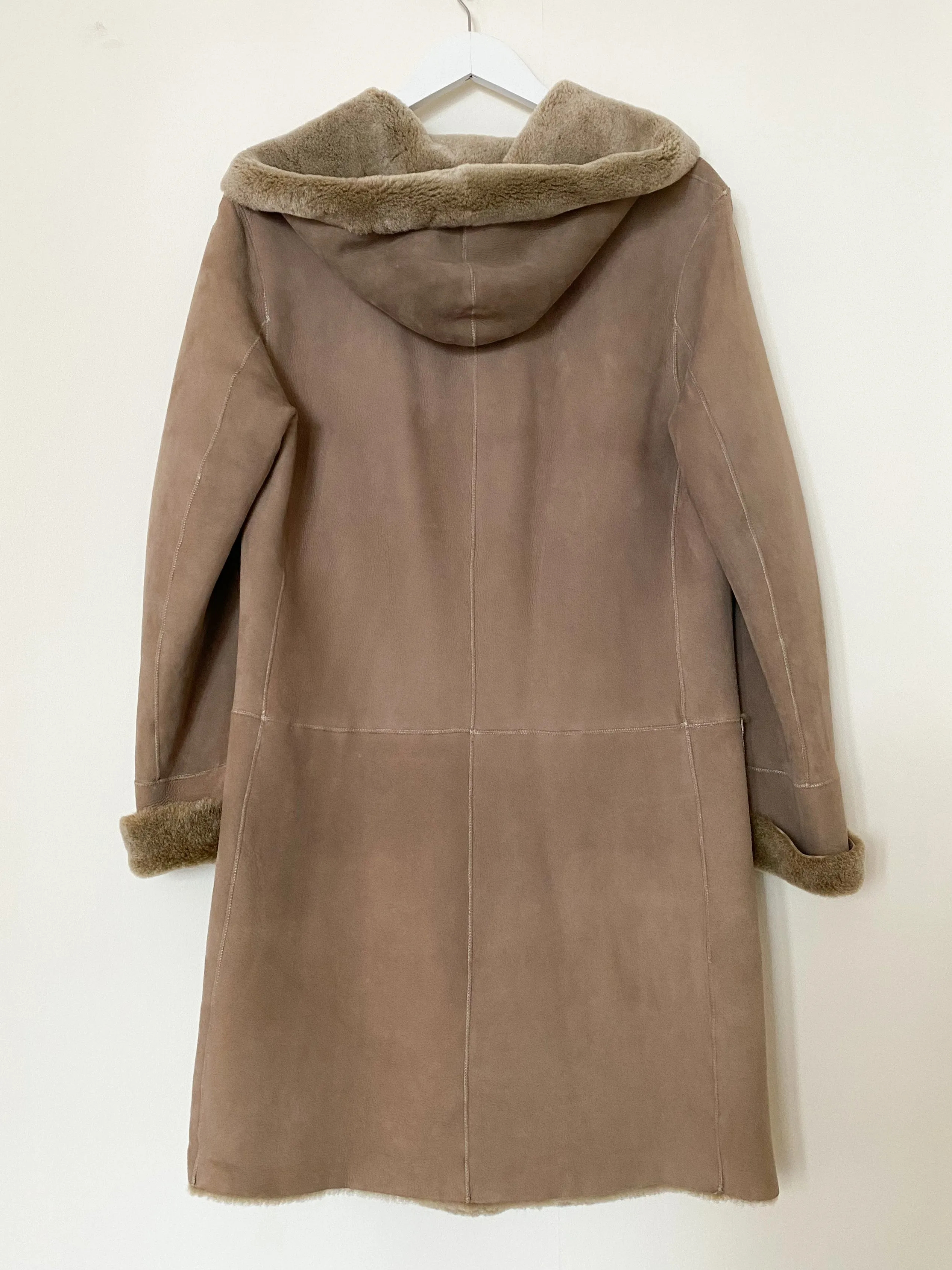 Taupe Hooded Merino Shearling Car Coat