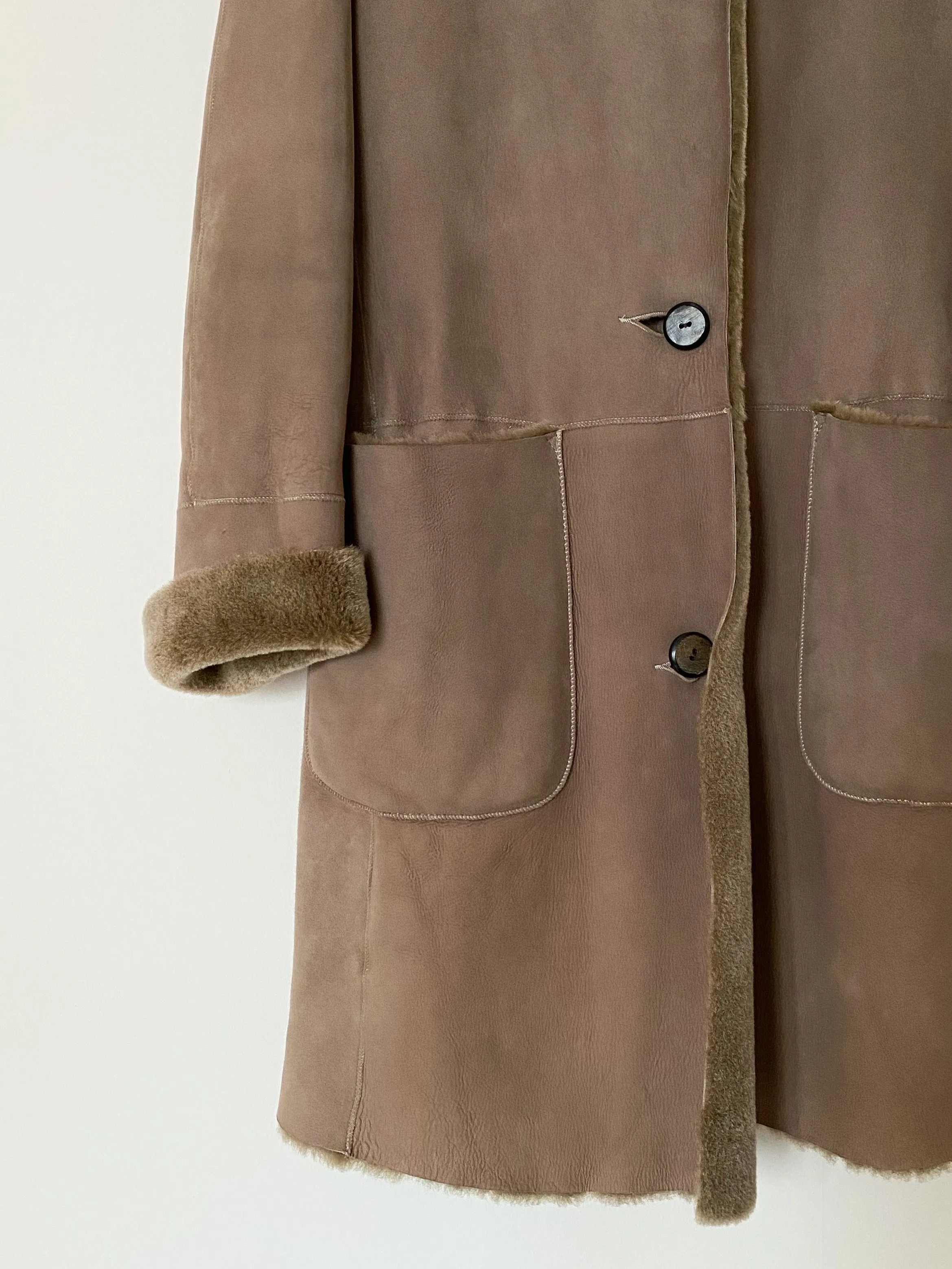 Taupe Hooded Merino Shearling Car Coat