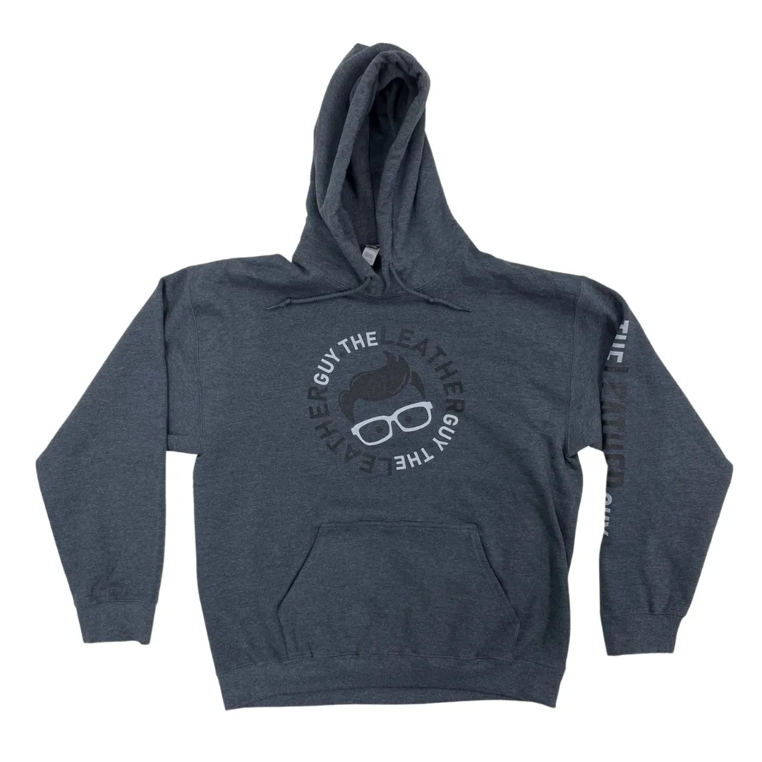 The Leather Guy Unisex Hooded Sweatshirt, Dark Heather Grey, Sleeve Print