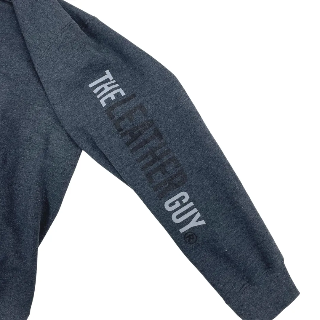 The Leather Guy Unisex Hooded Sweatshirt, Dark Heather Grey, Sleeve Print