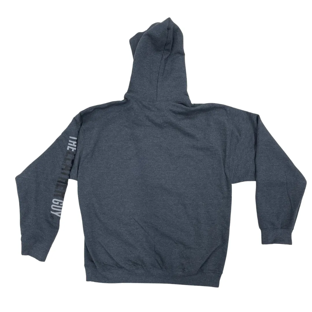 The Leather Guy Unisex Hooded Sweatshirt, Dark Heather Grey, Sleeve Print