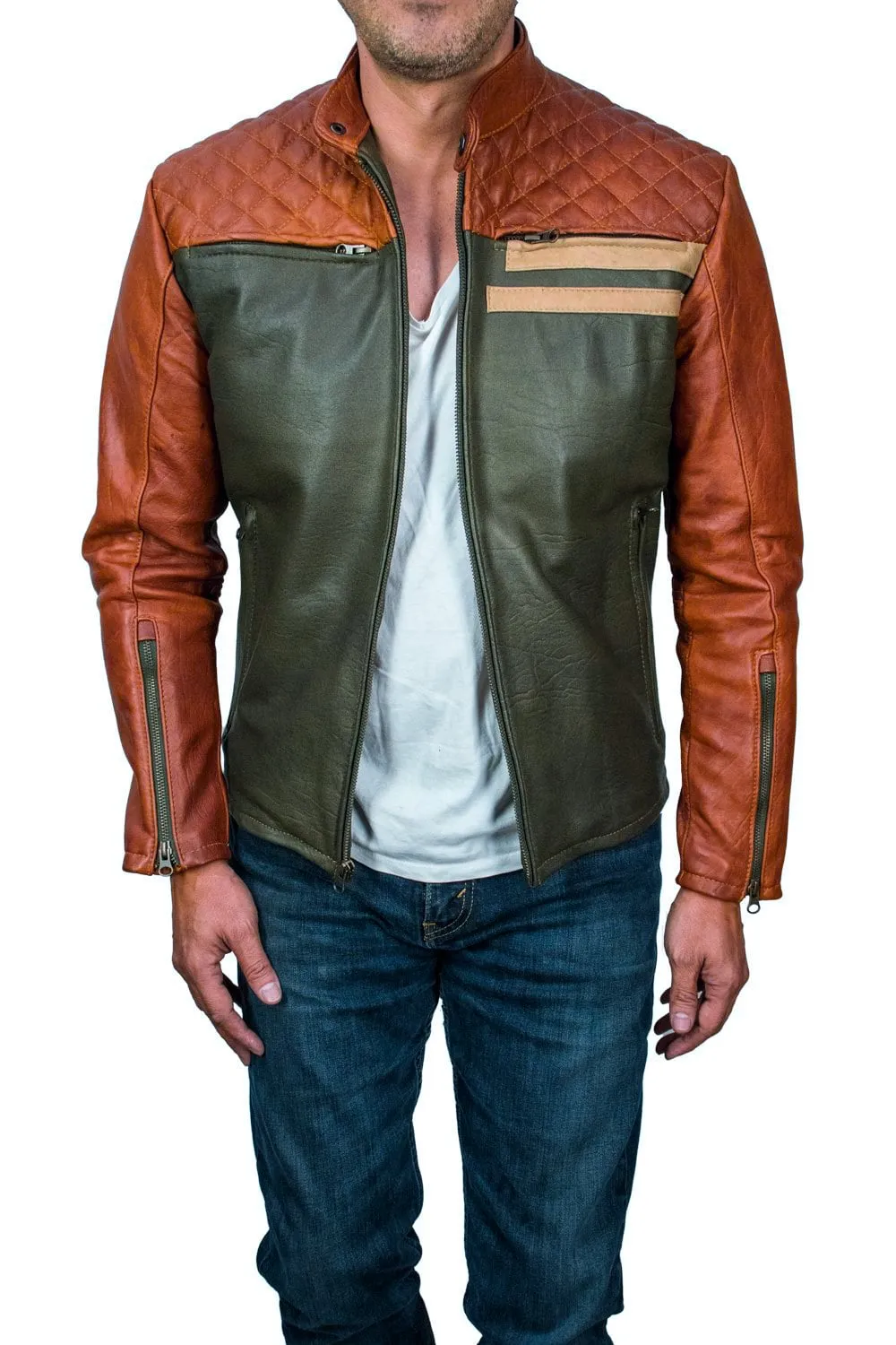 THE MASON Leather Jacket in Contrasted Amber & Green with Beige Stripes - Quilted