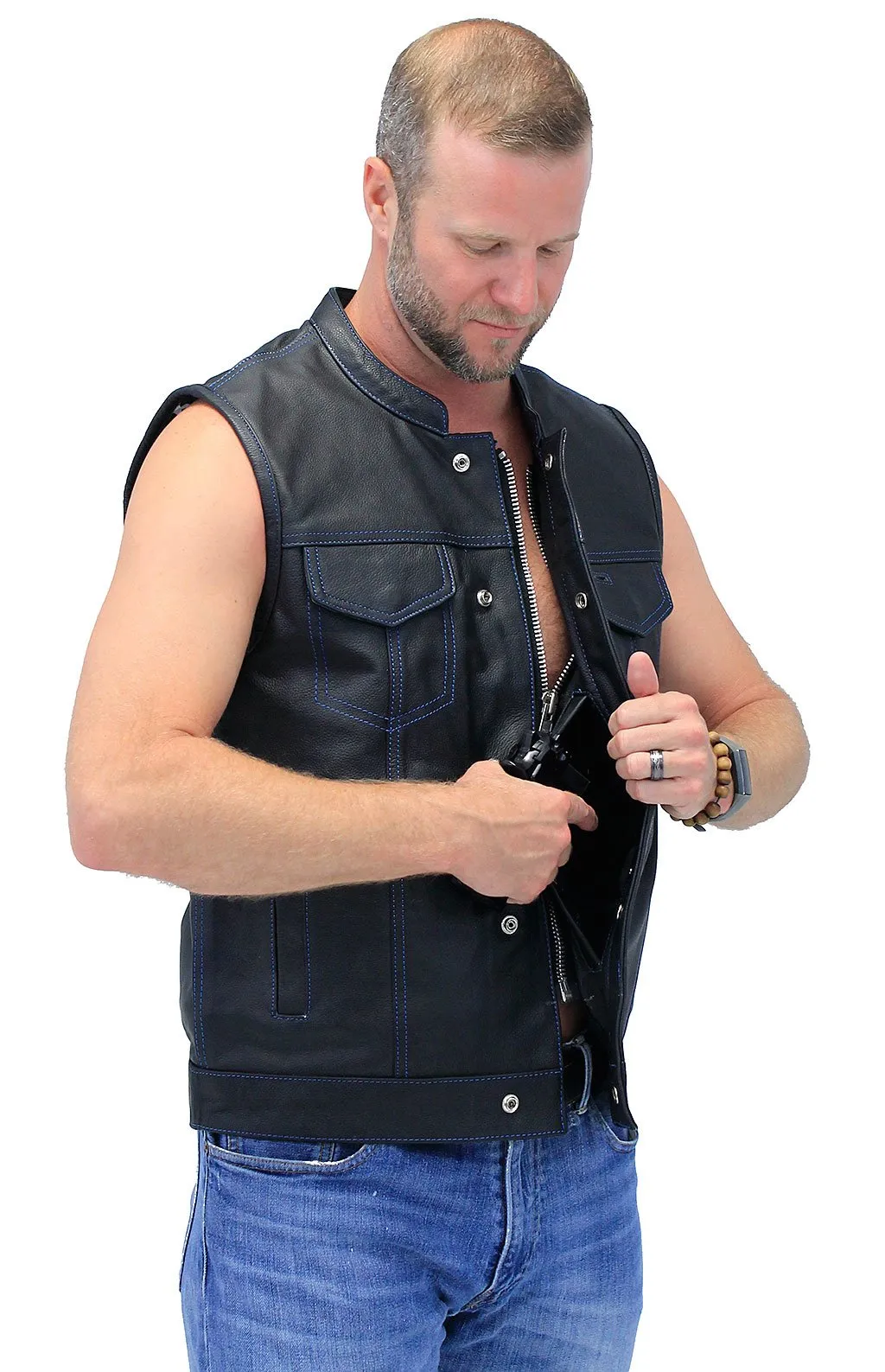 Thin Blue Line Flag Lining Concealed Pocket Leather Club Vest #VM66705GU