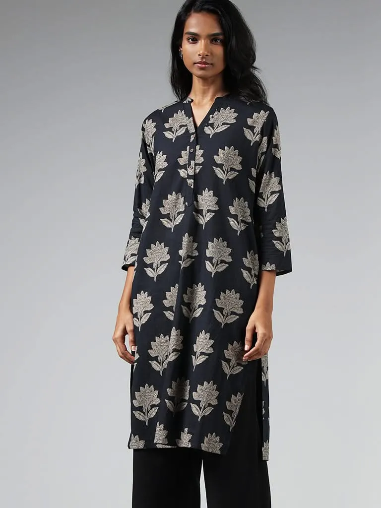 Utsa Black Floral Printed Kurta