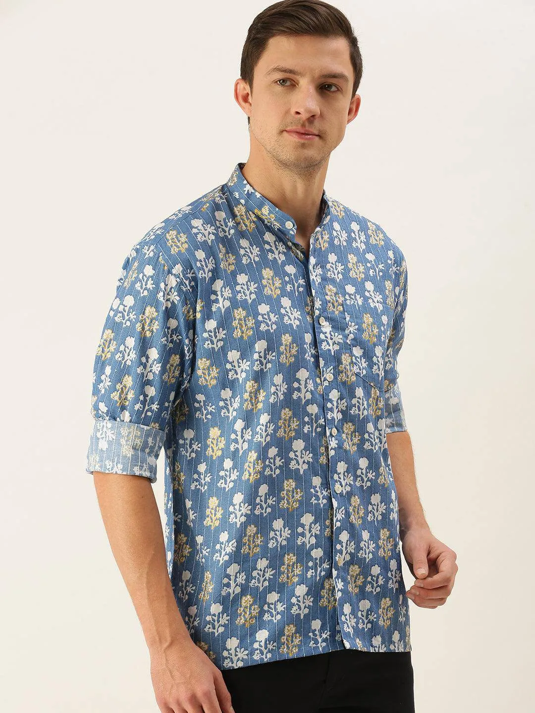 VASTRAMAY Men's Aqua Blue Embellished Shirt