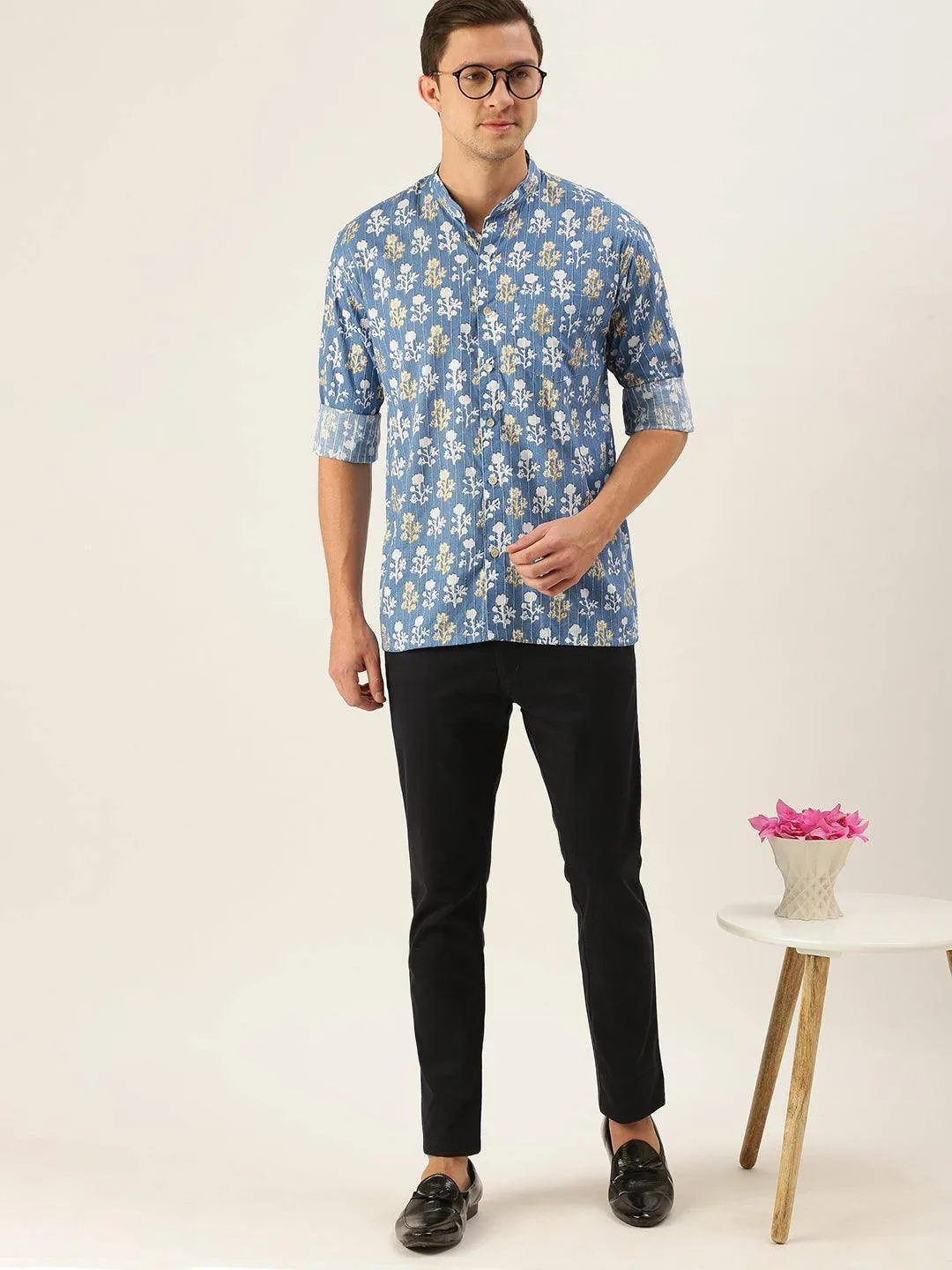 VASTRAMAY Men's Aqua Blue Embellished Shirt