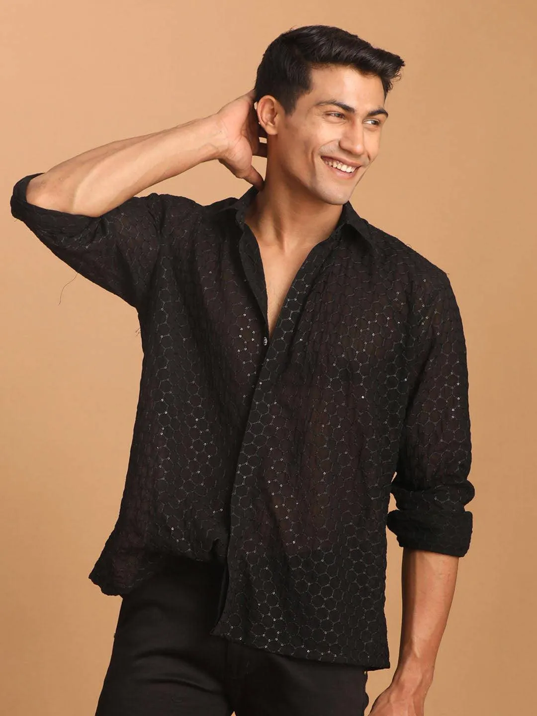 VASTRAMAY Men's Black Fancy Sequined Shirt