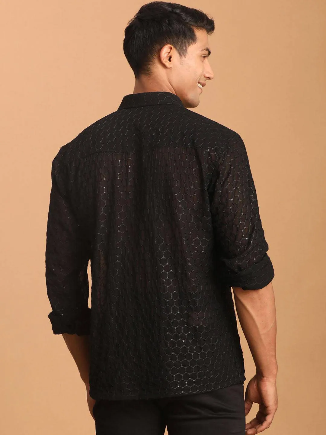 VASTRAMAY Men's Black Fancy Sequined Shirt