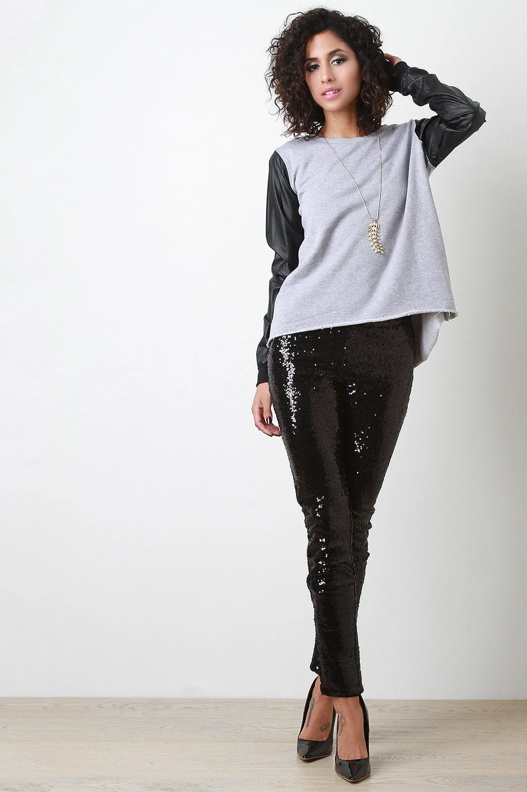 Vegan Leather Sleeve Raw Hem Sweatshirt Top