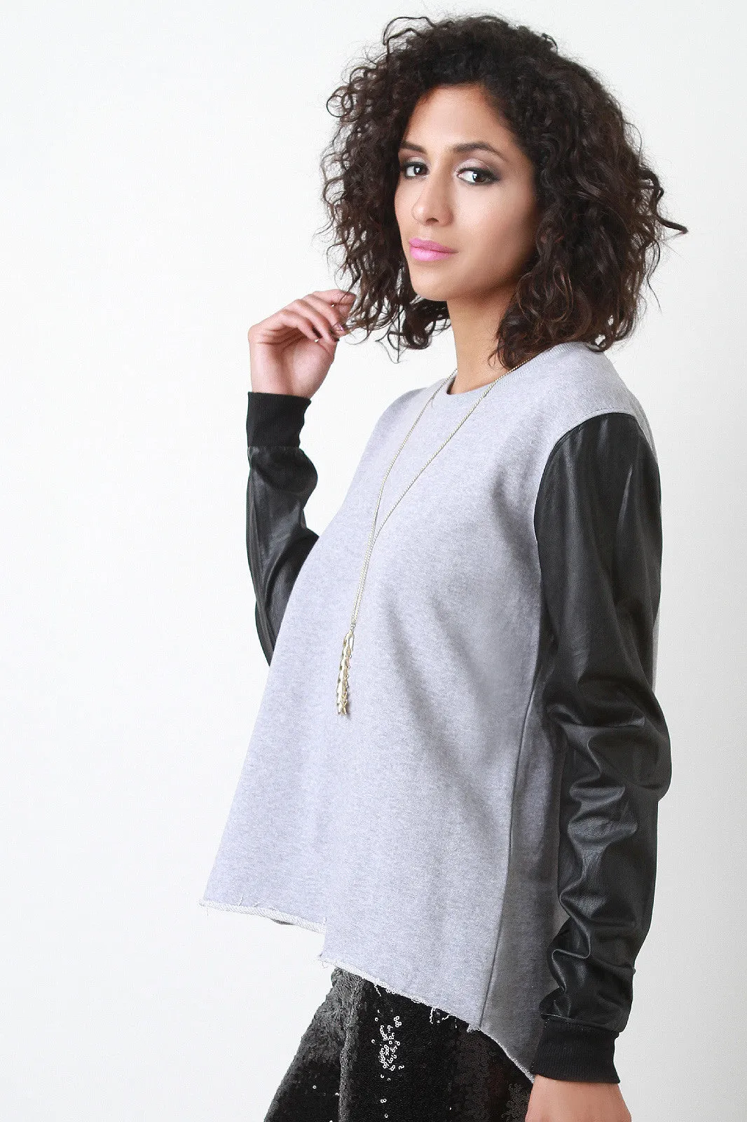 Vegan Leather Sleeve Raw Hem Sweatshirt Top