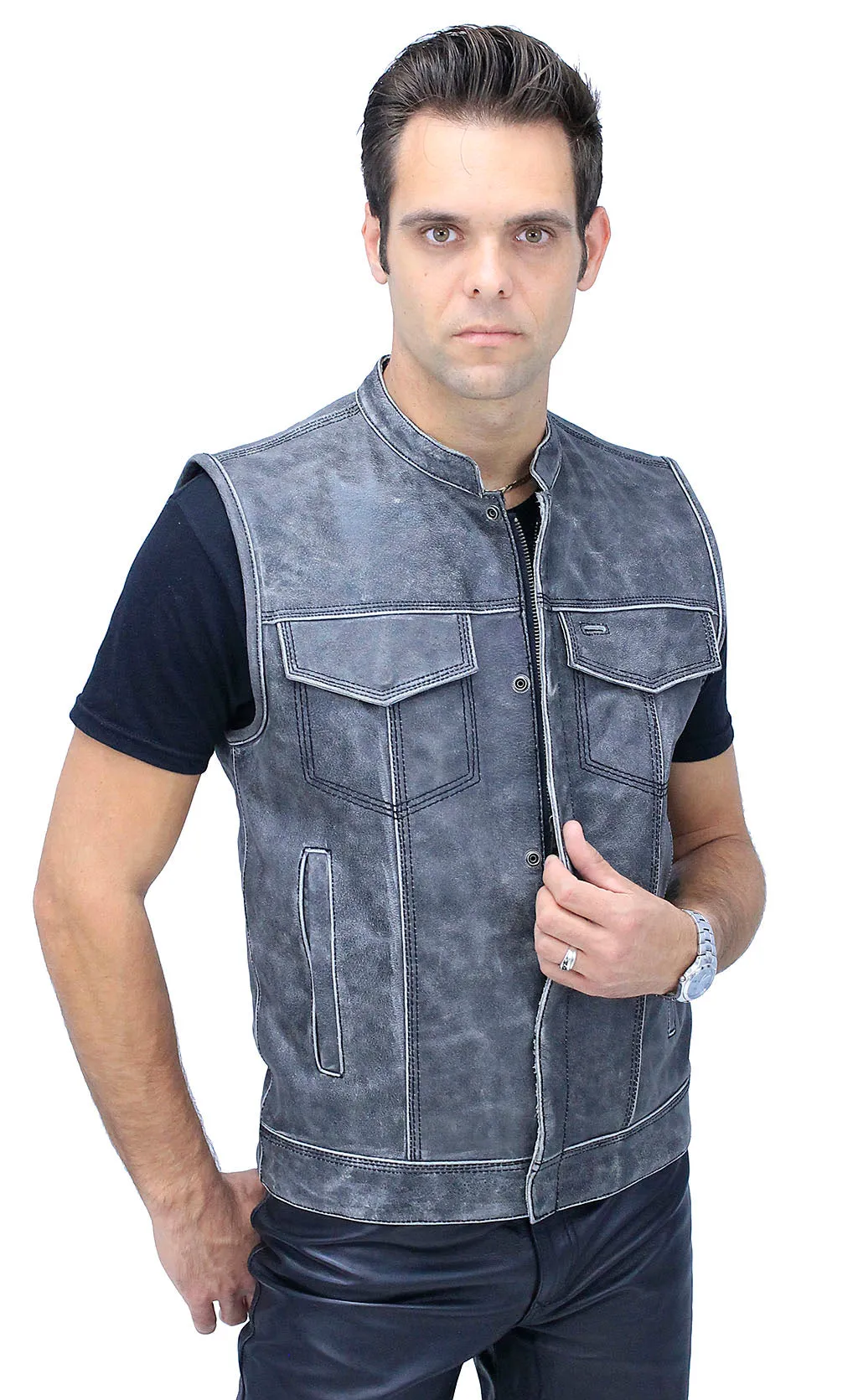 Vintage Gray Leather Concealed Pocket Club Vest #VMA6402ZGY