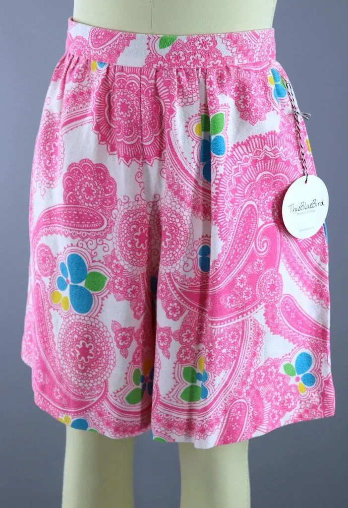 Vintage Mod Pink Paisley Print Shorts Culottes