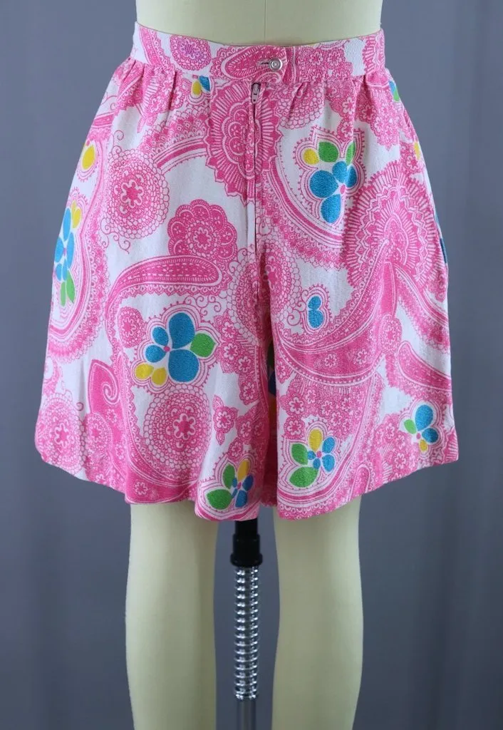 Vintage Mod Pink Paisley Print Shorts Culottes