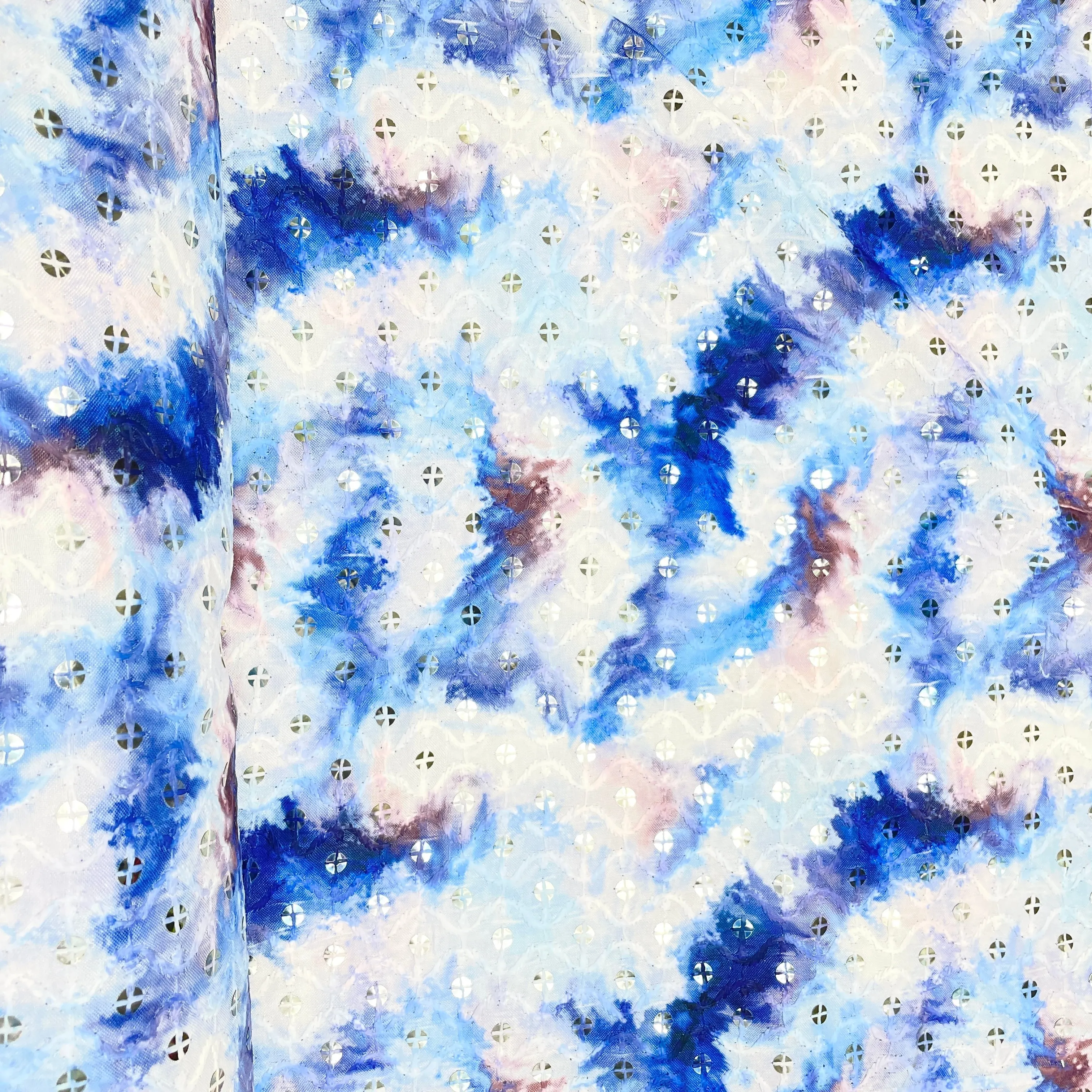 White & Blue Tie & Dye Sequins Thread Embroidery Blended Cotton Fabri