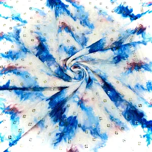 White & Blue Tie & Dye Sequins Thread Embroidery Blended Cotton Fabri