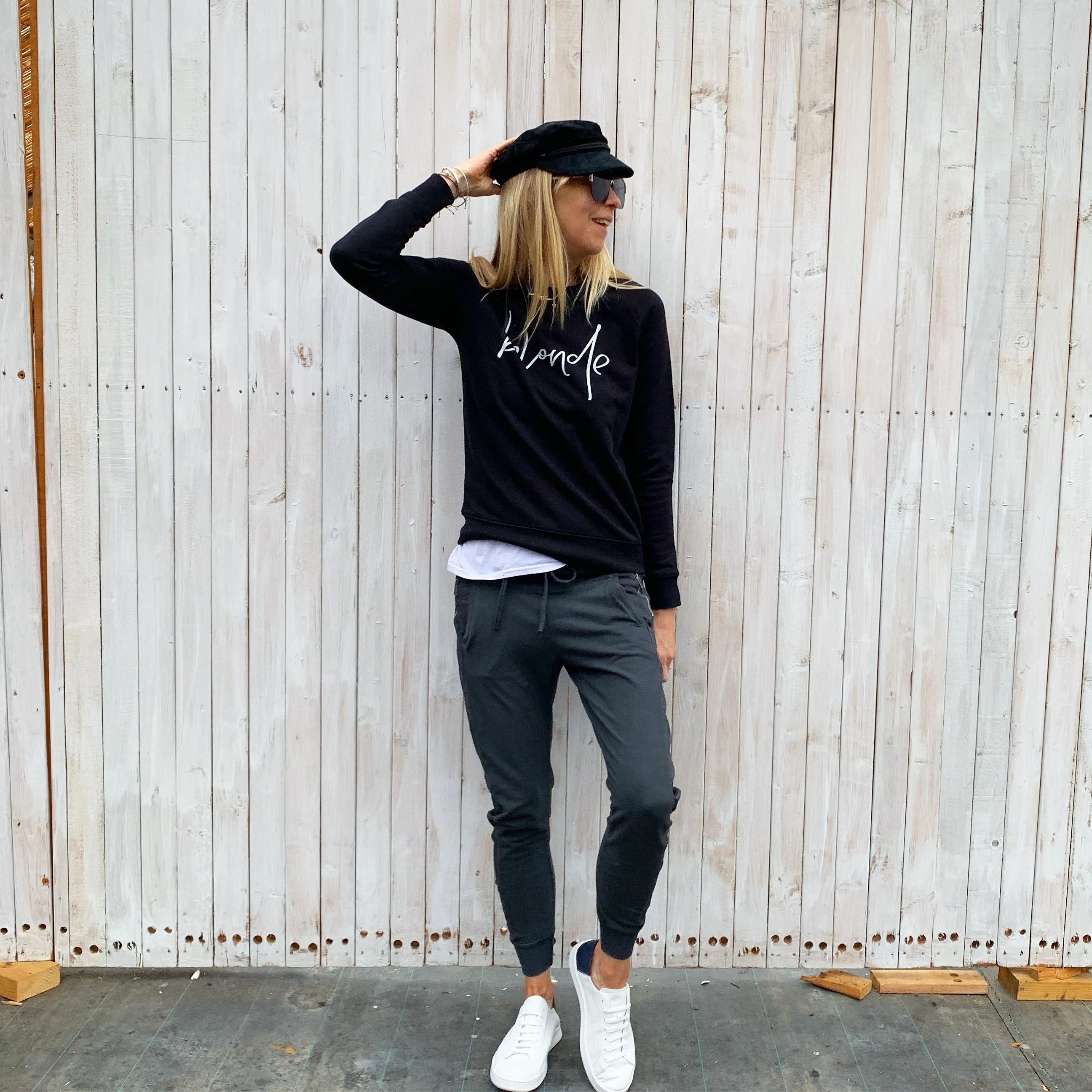 White blonde on black sweatshirt *fitted style*