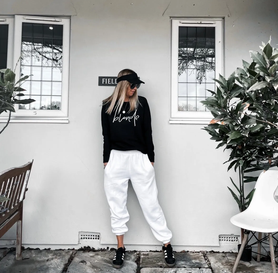 White blonde on black sweatshirt *fitted style*