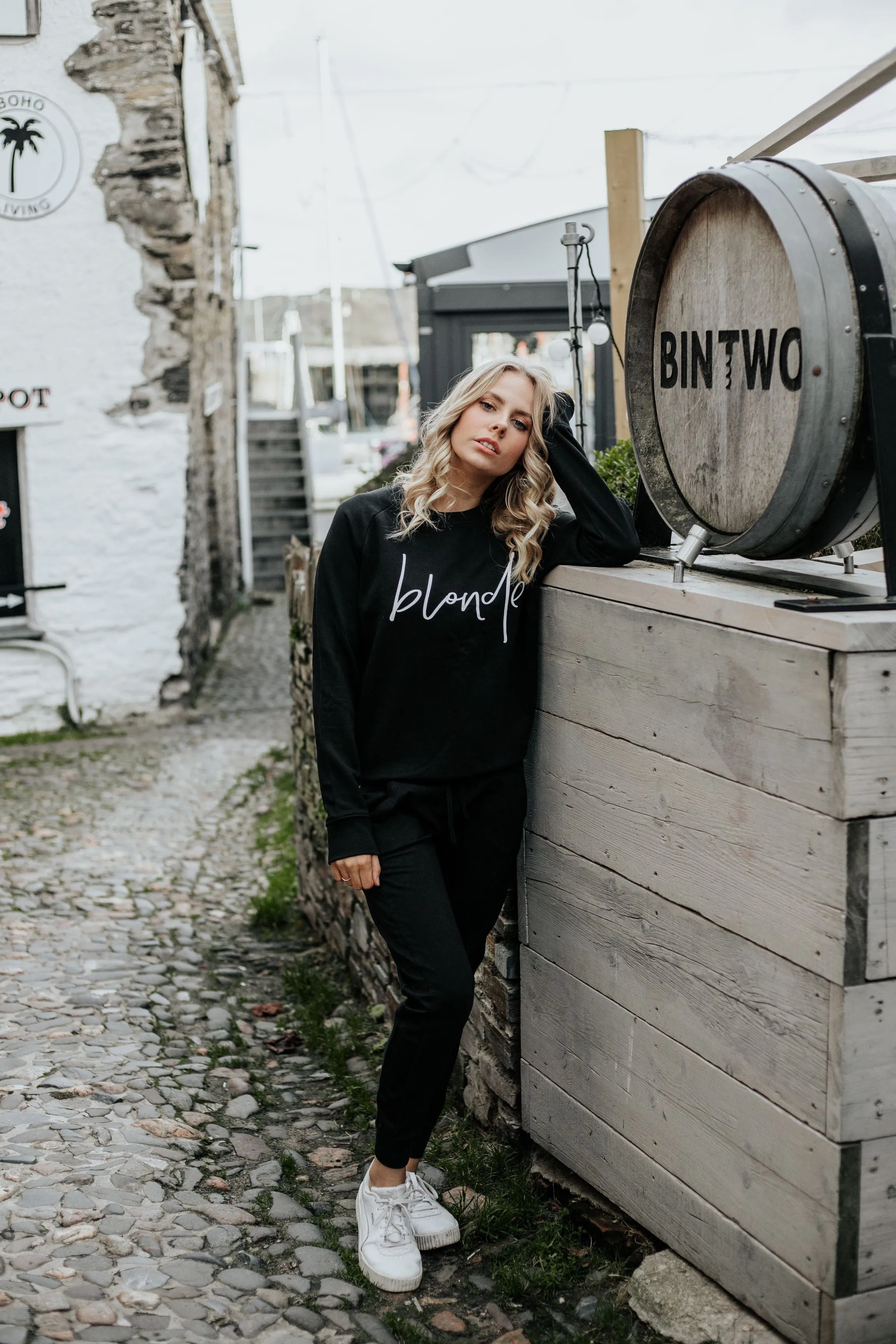 White blonde on black sweatshirt *fitted style*