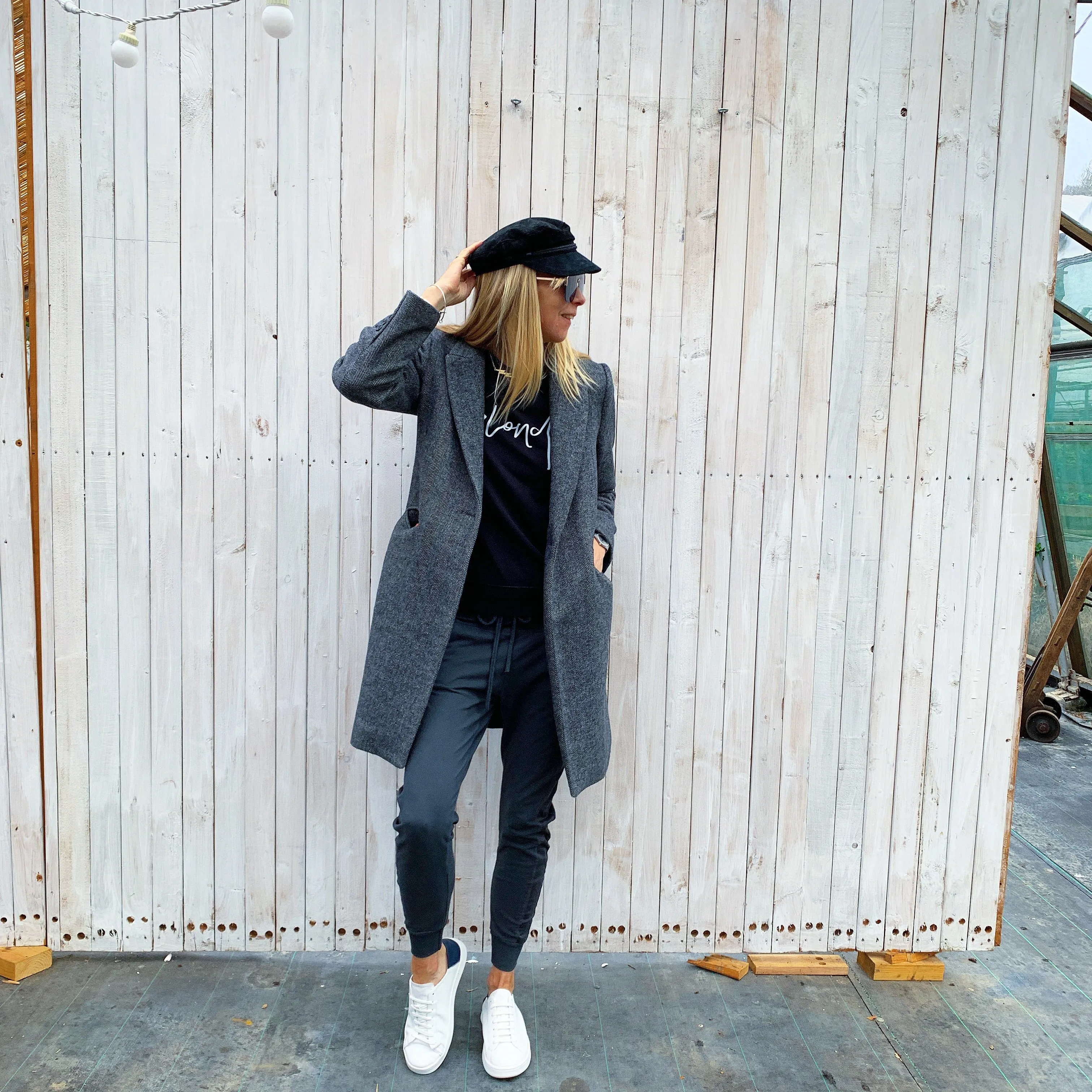 White blonde on black sweatshirt *fitted style*