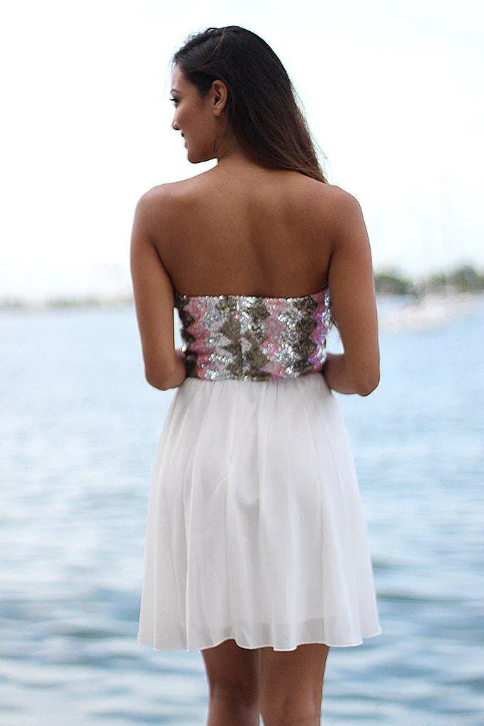 White Short Dress With Sequined Top