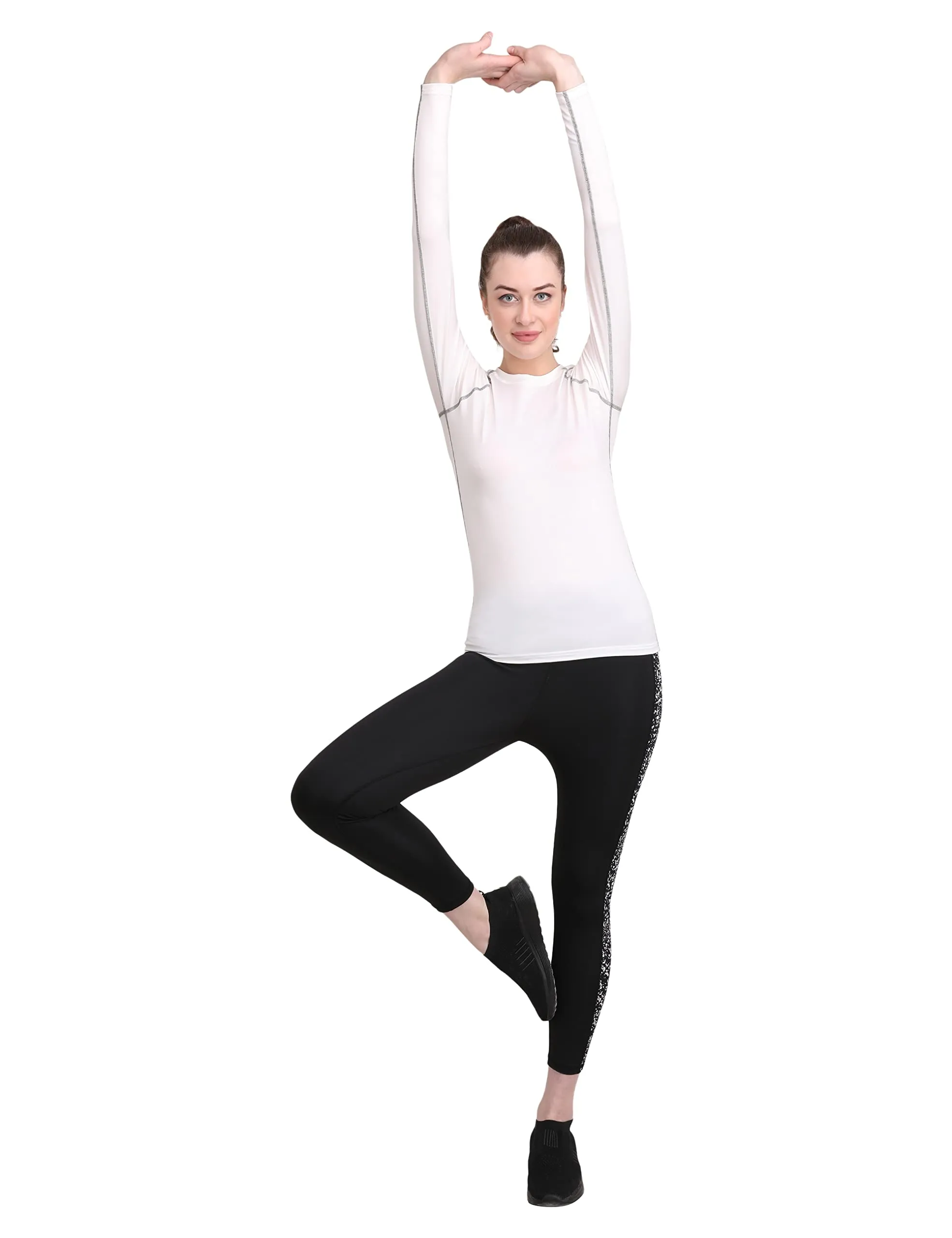 WMX Compression Top Full Sleeve Tights Women T-Shirt for Sports (Large, White)