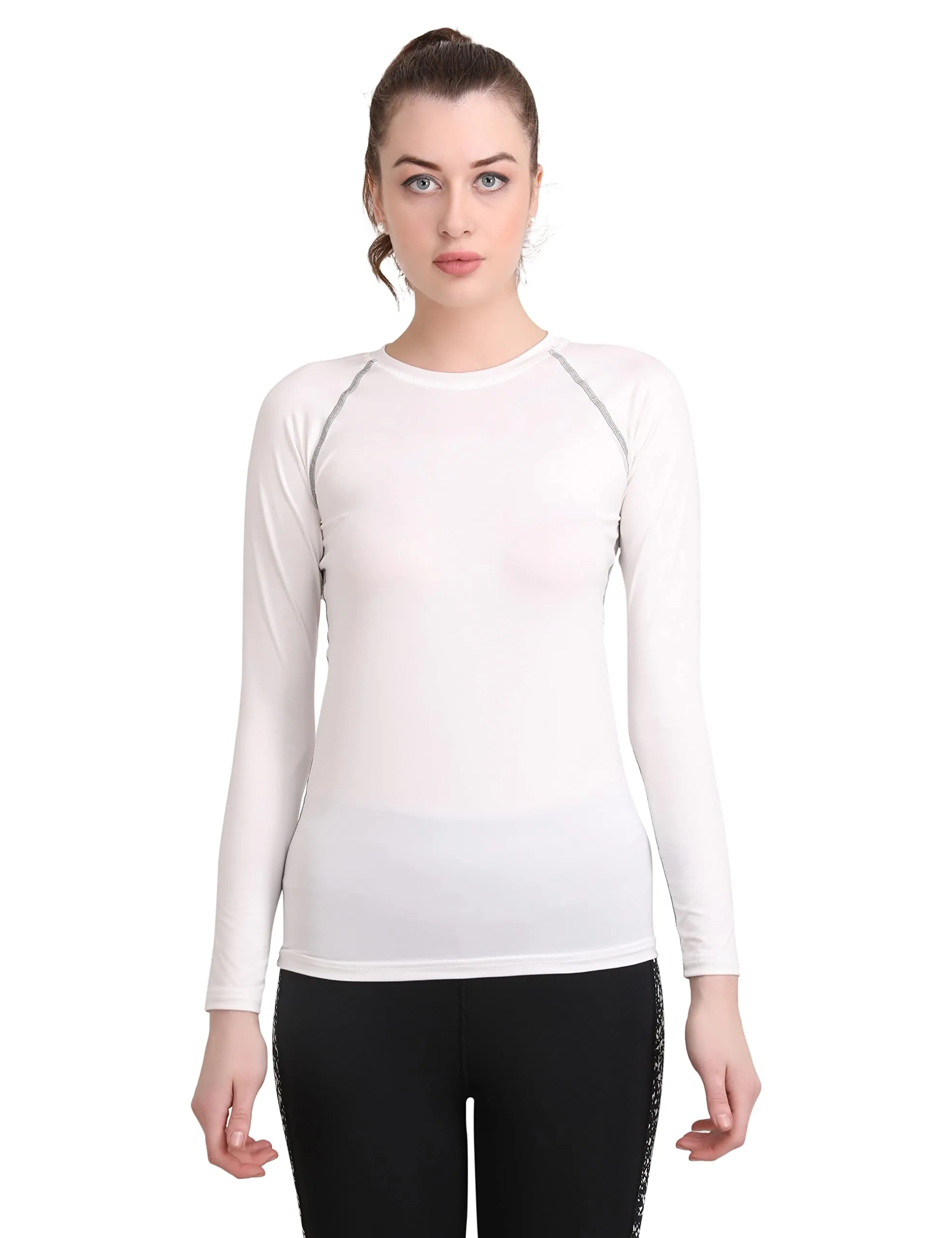 WMX Compression Top Full Sleeve Tights Women T-Shirt for Sports (Large, White)