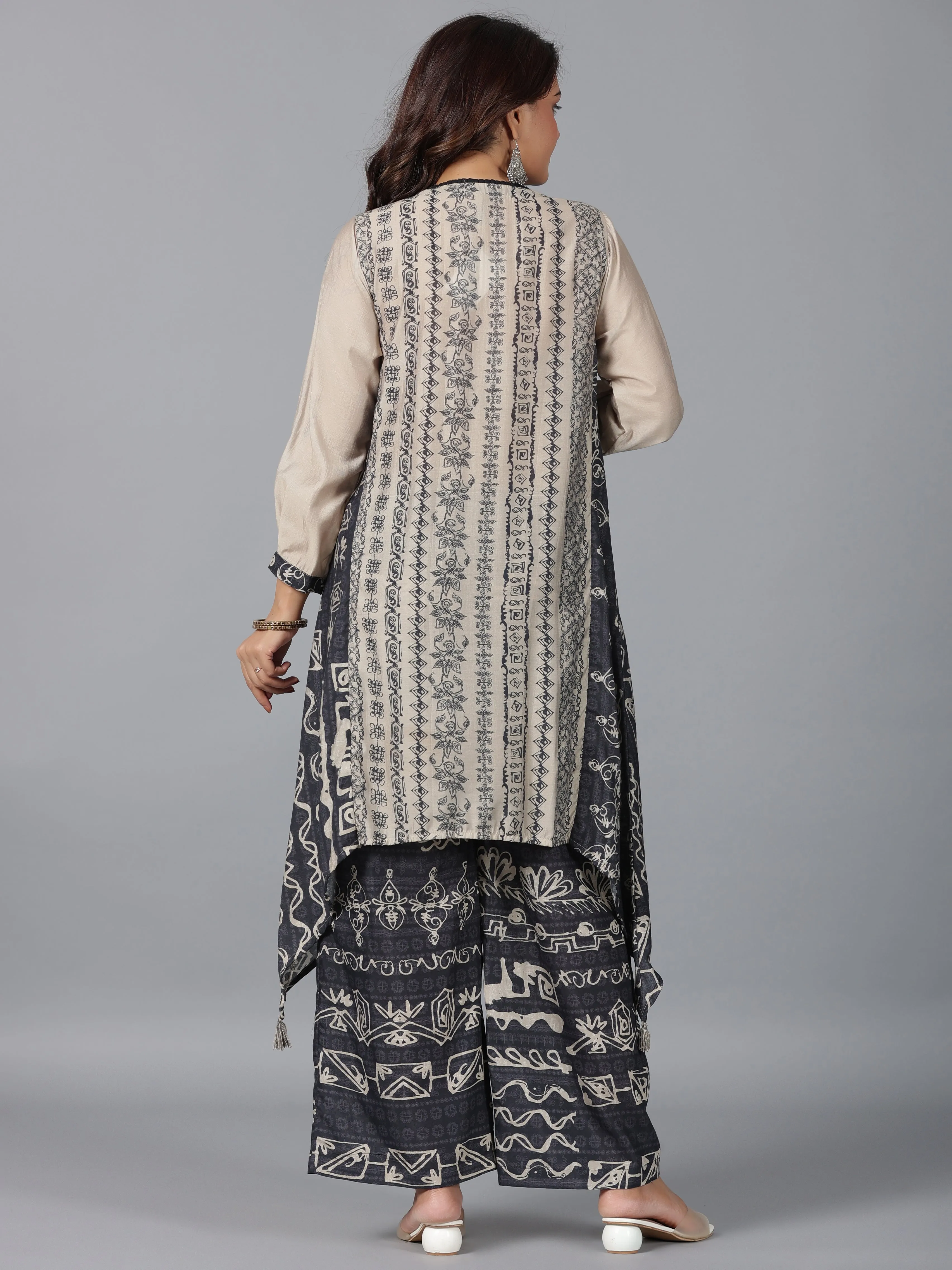 Women Beige Muslin Printed Kurta & Pants Set