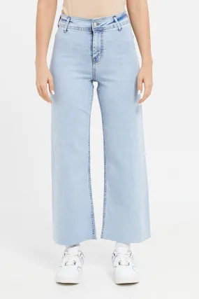 Women Blue Cropped Wide Leg Jeans