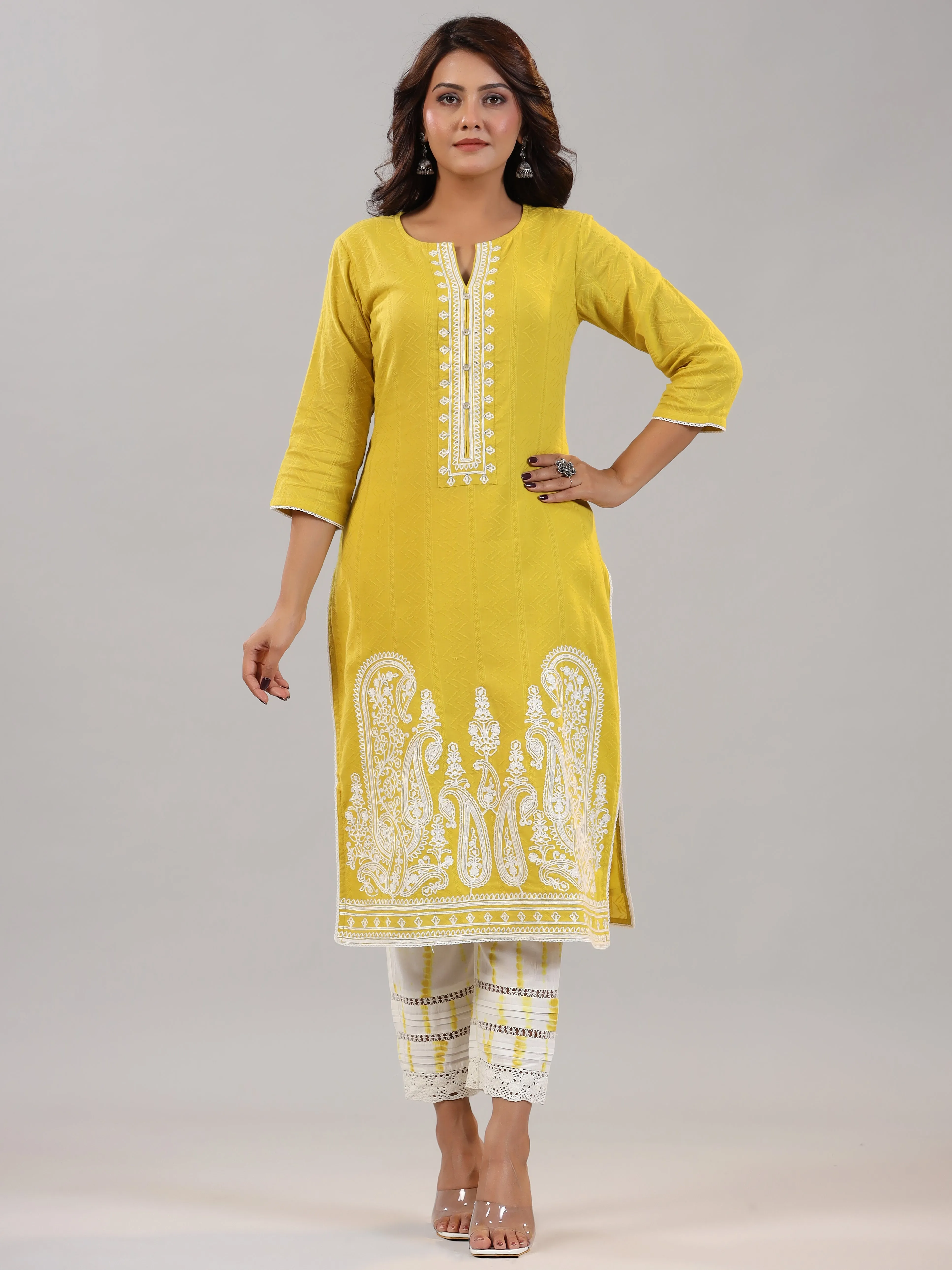 Women Lime Cotton Dobby Embroidered Kurta, Pants & Dupatta Set