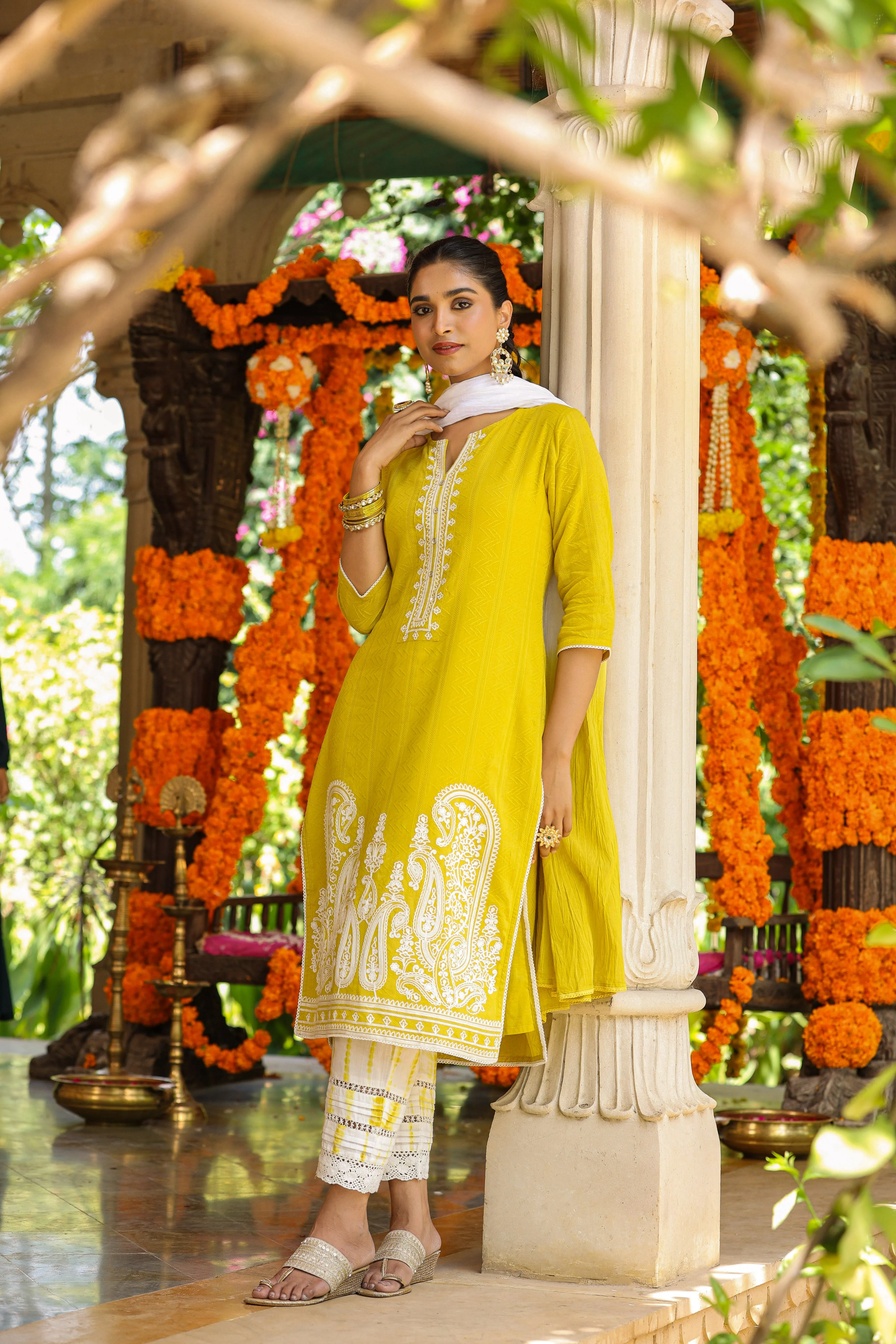 Women Lime Cotton Dobby Embroidered Kurta, Pants & Dupatta Set