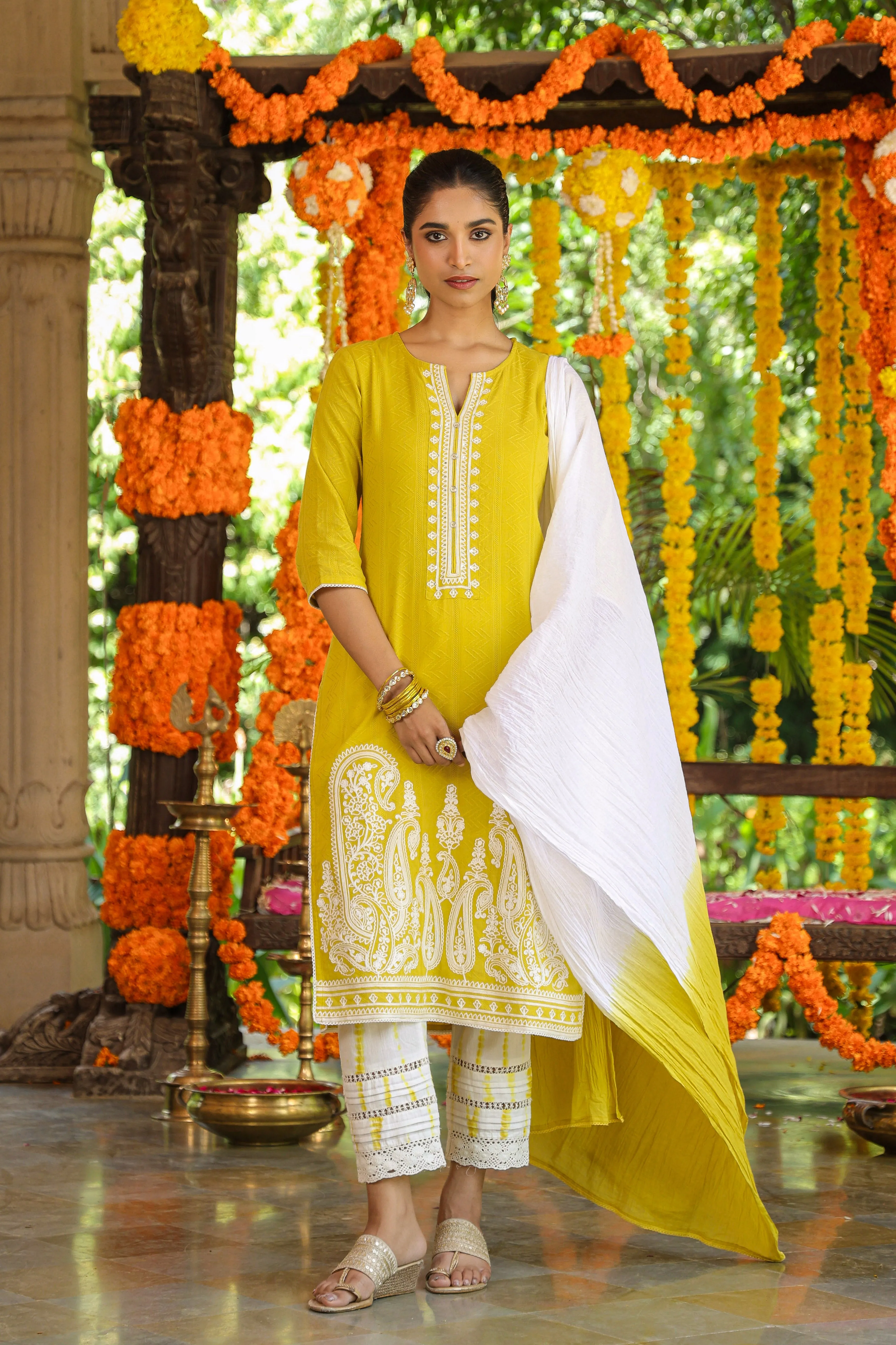 Women Lime Cotton Dobby Embroidered Kurta, Pants & Dupatta Set