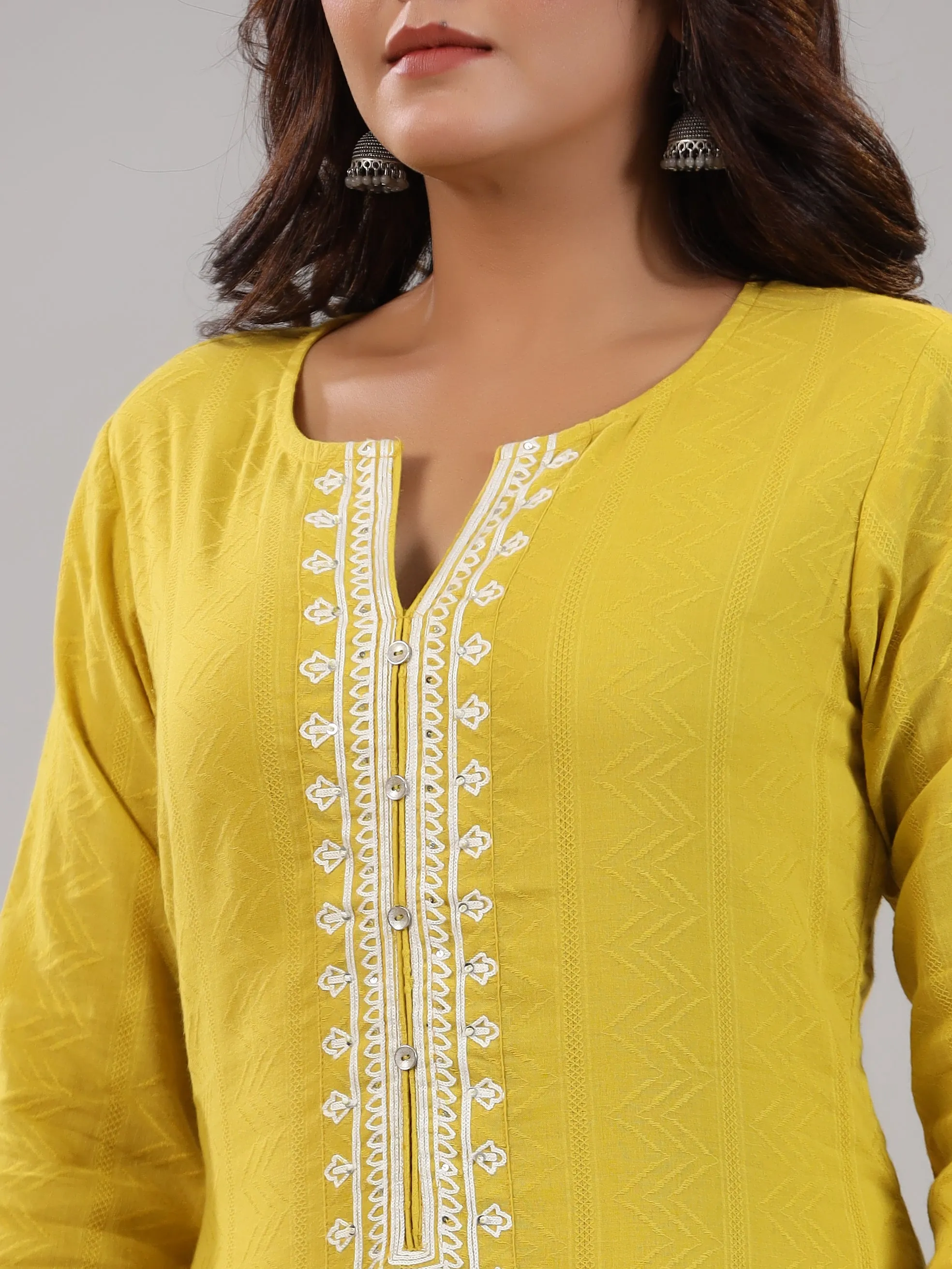 Women Lime Cotton Dobby Embroidered Kurta, Pants & Dupatta Set