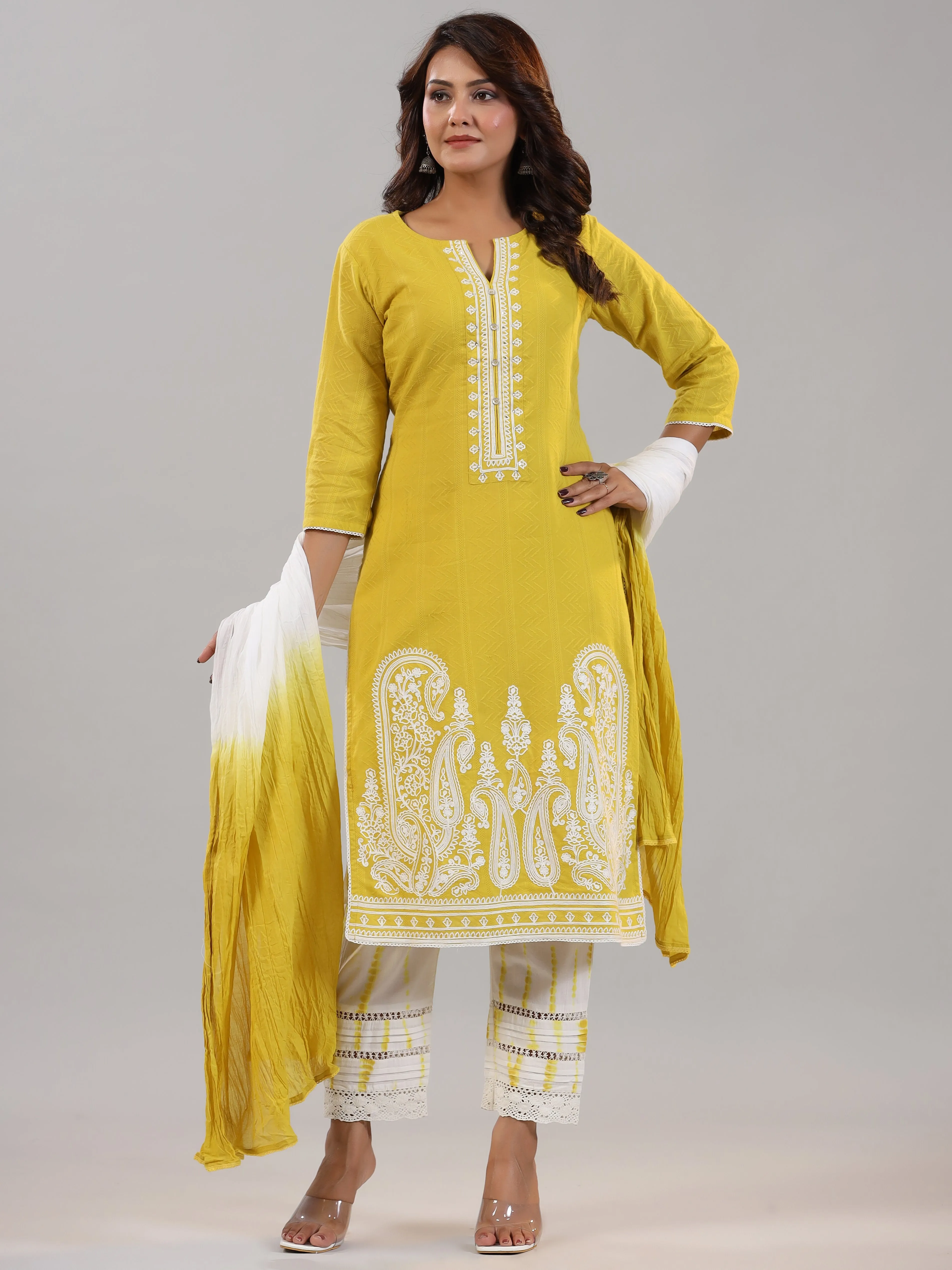 Women Lime Cotton Dobby Embroidered Kurta, Pants & Dupatta Set