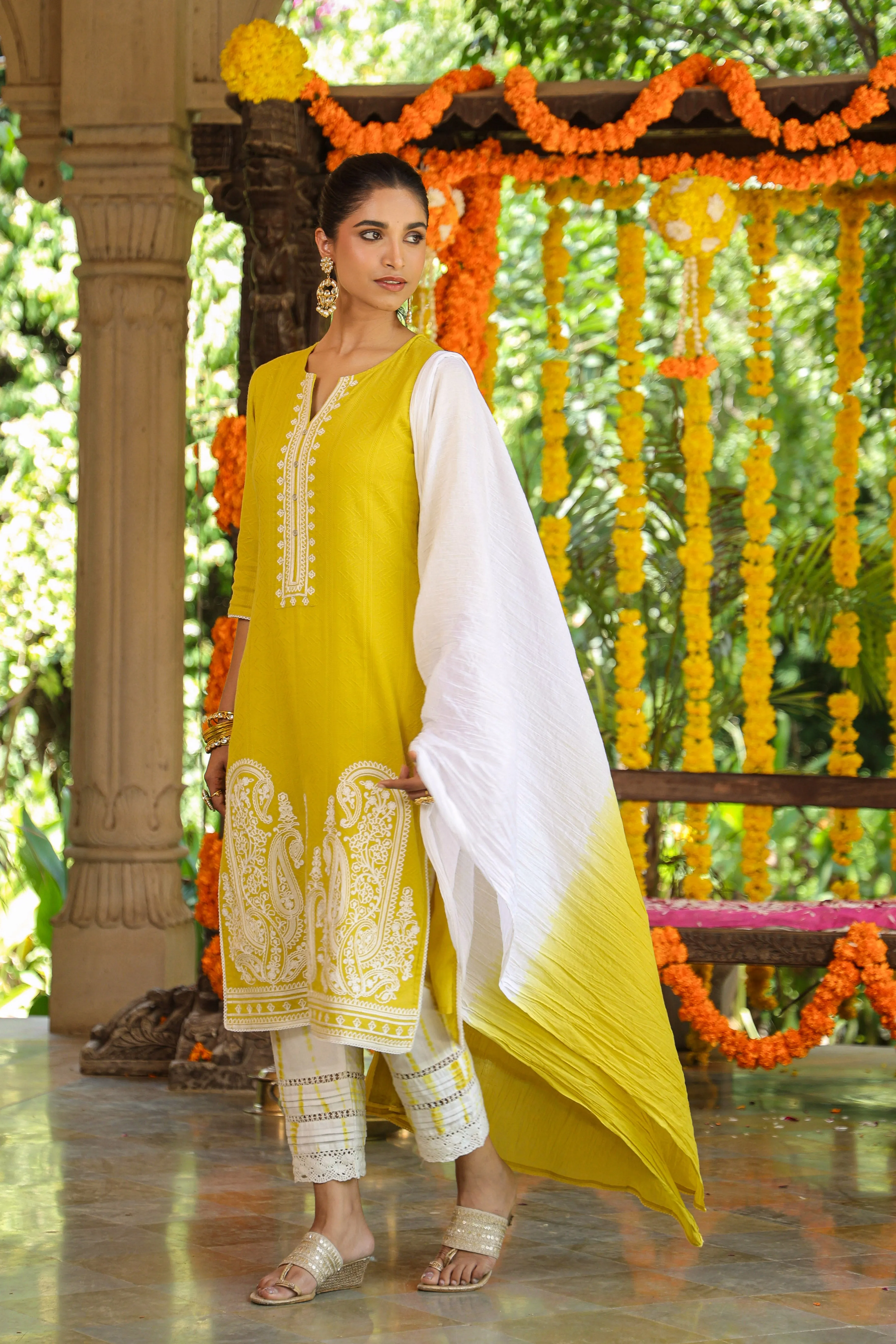 Women Lime Cotton Dobby Embroidered Kurta, Pants & Dupatta Set